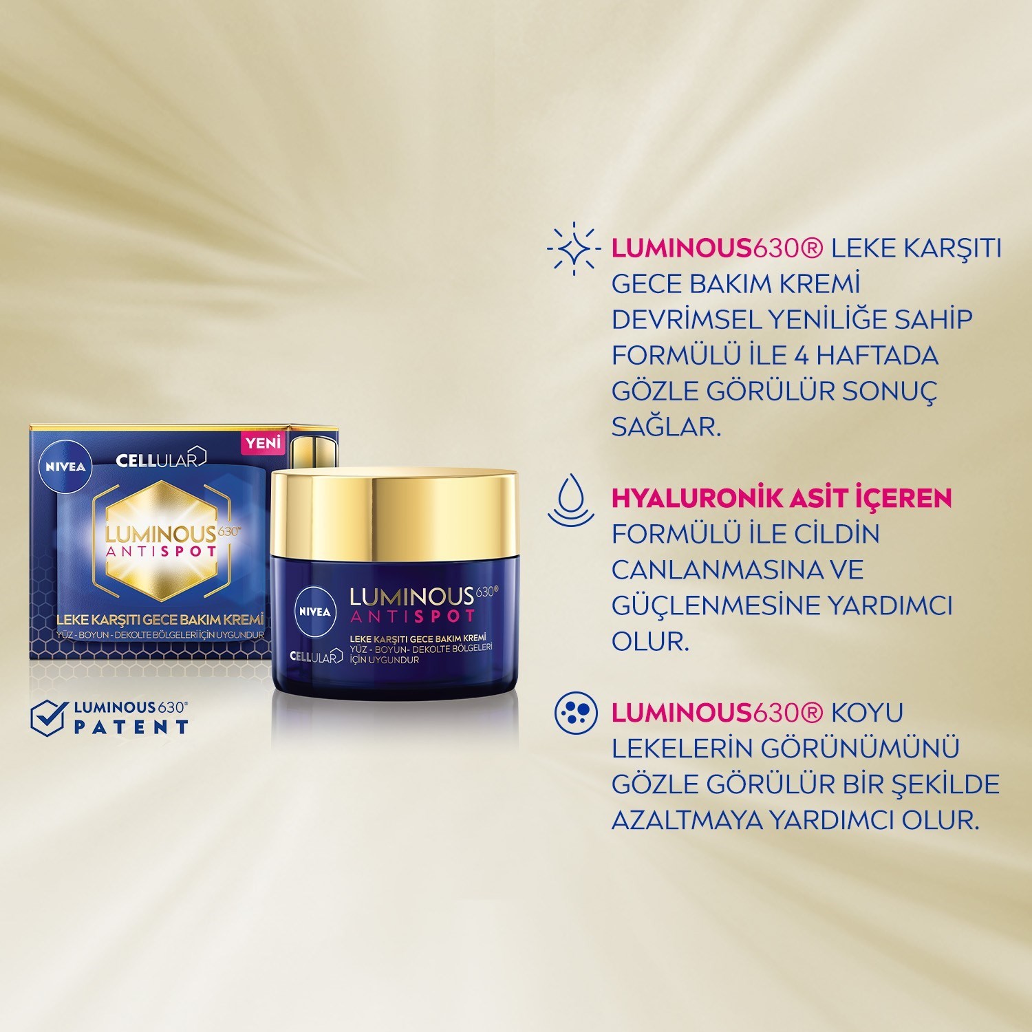 Nivea Luminous630 Leke Karşıtı Gece Yüz Bakım Kremi 50ml,Hyaluronik Asit, Tüm Cilt Tipleri