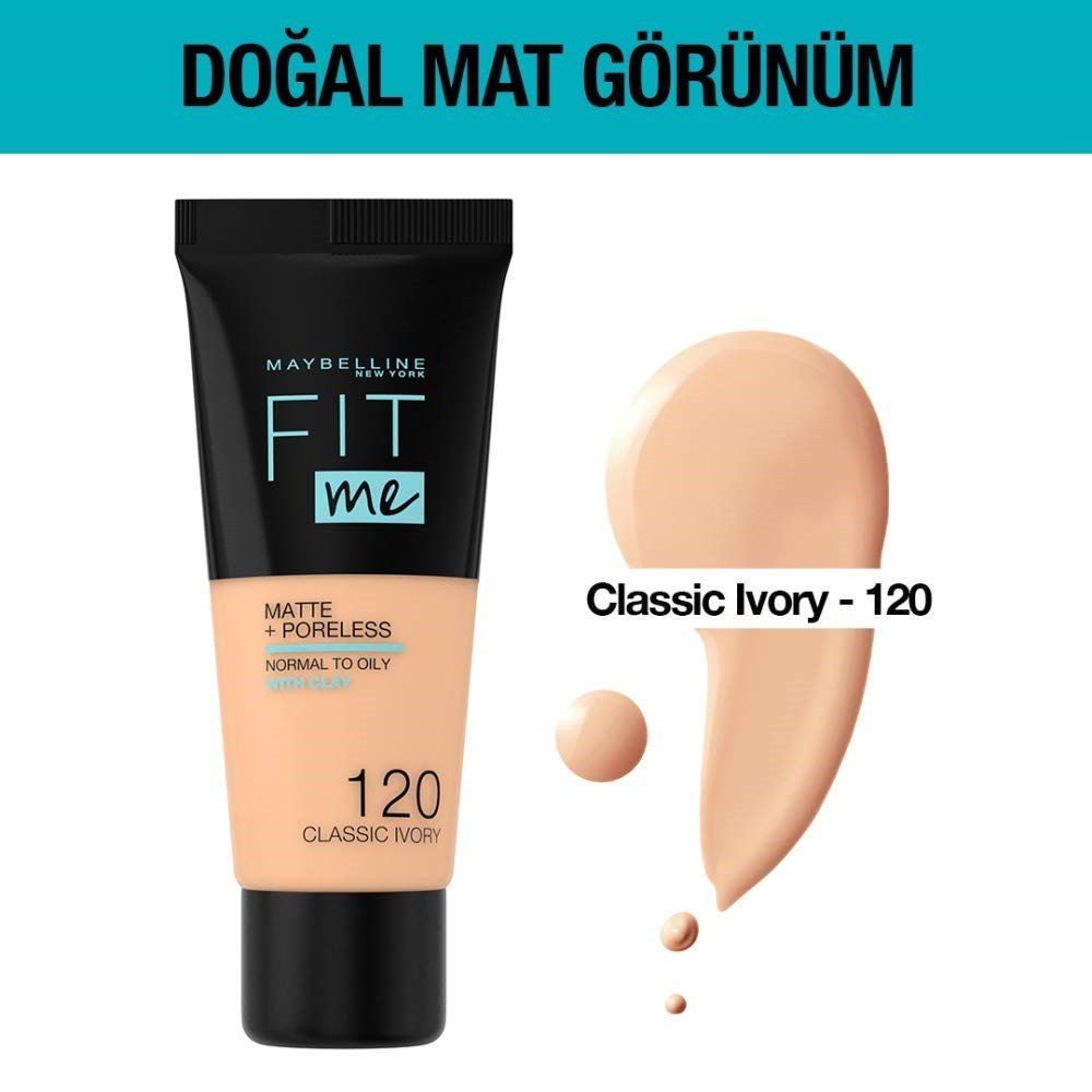 Maybelline New York Fit Me Matte+Poreless Fondöten, 120 Classic Ivory, 30 ml