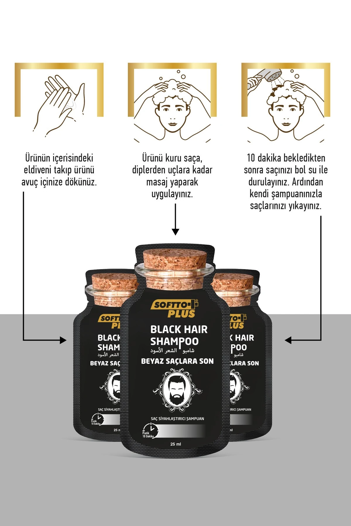 Softto Plus Black Hair Doğal Görünümlü Saç Siyahlaştırıcı Anında Etkili Şampuan Boya 25mlx10 adet