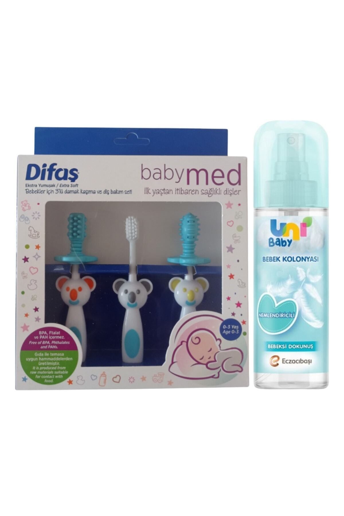 Bebek Kolonyası Bebeksi Dokunuş 150 Ml + PEMBE Difaş Bebekler Için 3'lü Damak Kaşıma Ve Diş Bakım