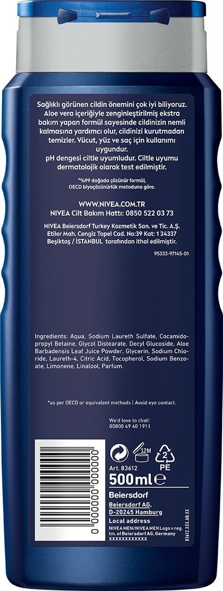 NIVEA Men Protect&Care Duş Jeli 500ml, 3'ü 1 Arada Komple Bakım, Vücut, Saç ve Yüz için,Aloe Vera il