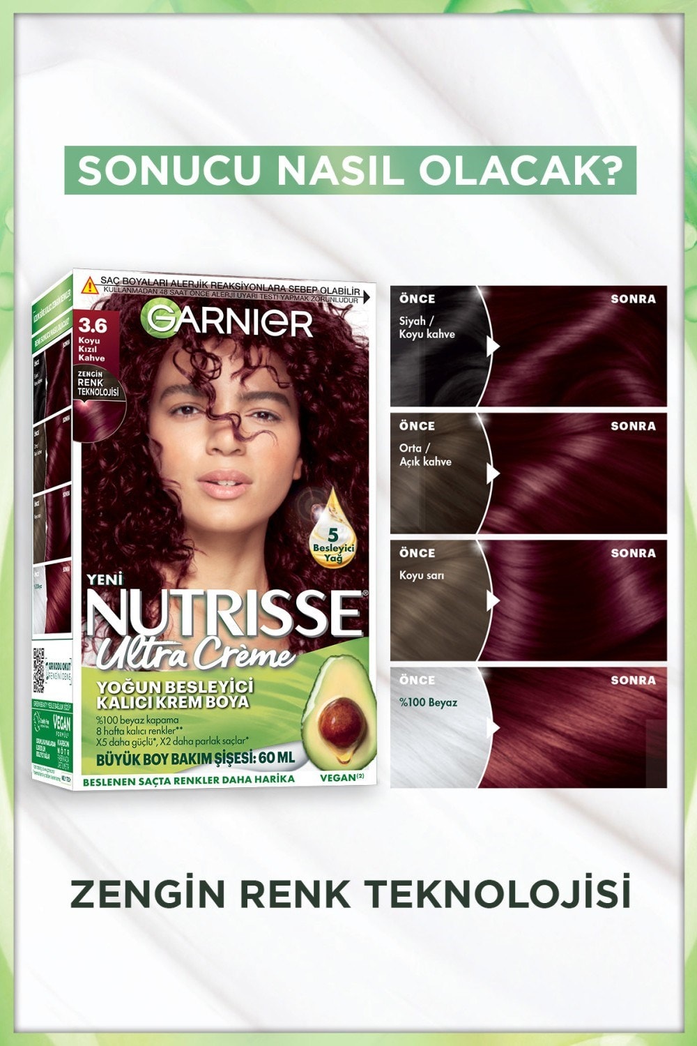 Garnier Nutrisse Yoğun Besleyici Kalıcı Krem Saç Boyası 3.6 Koyu Kızıl Kahve