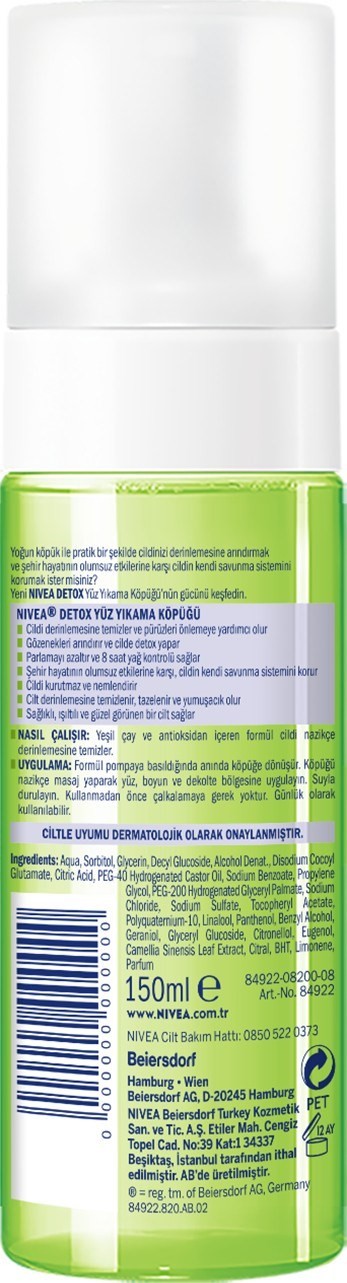 NIVEA Detox Yüz Yıkama Köpüğü Yağlı Ciltler,150ml,Yüz Temizleme, Gözenek Arındırıcı, Yeşil Çay ve An