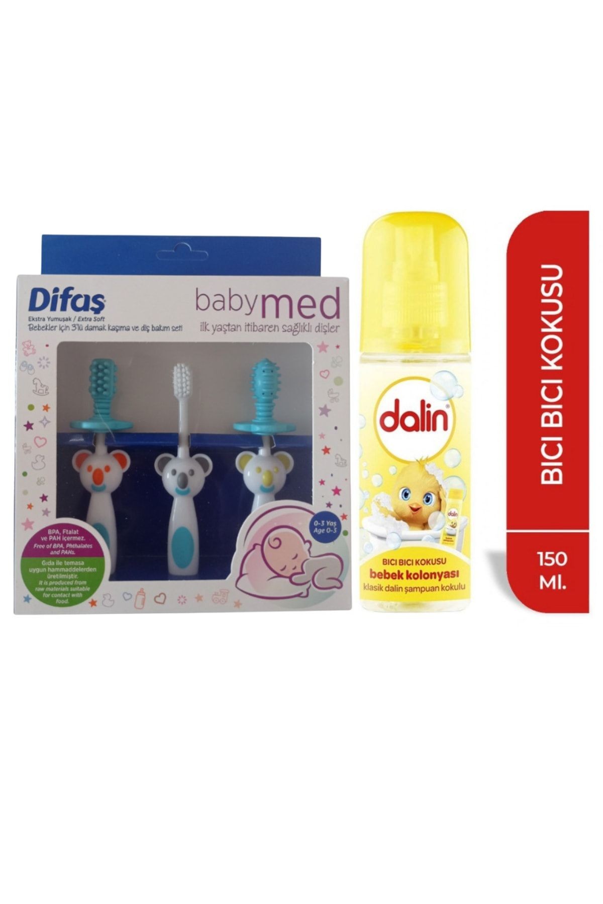 Bebekler Için 3'lü Damak Kaşıma Ve Diş Bakım Seti Mavi + Dalin Bebek Kolonyası Bıcı Bıcı Kokul
