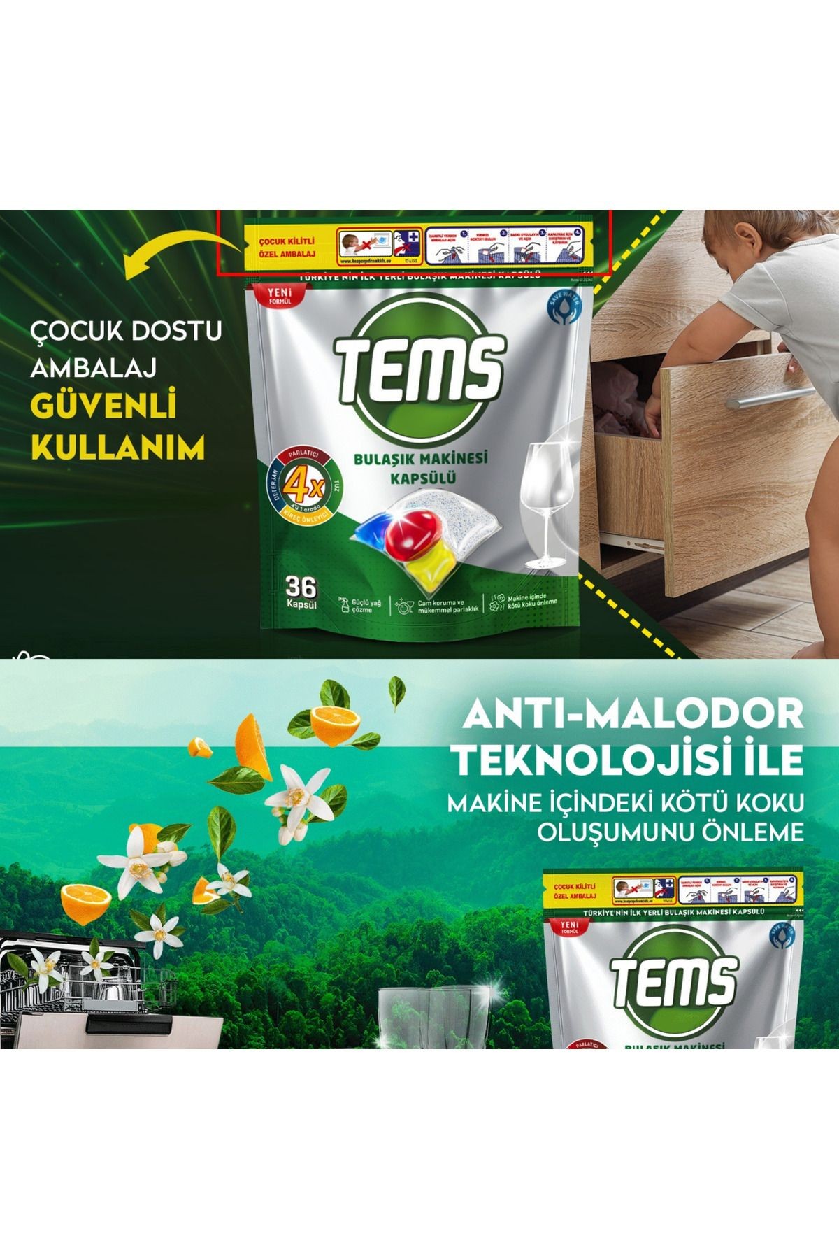 4 Etkili Bulaşık Makinesi Kapsül Deterjanı 36'lı Yerli Ürün Anti Malodor Teknolojisi %100 Türk Malı