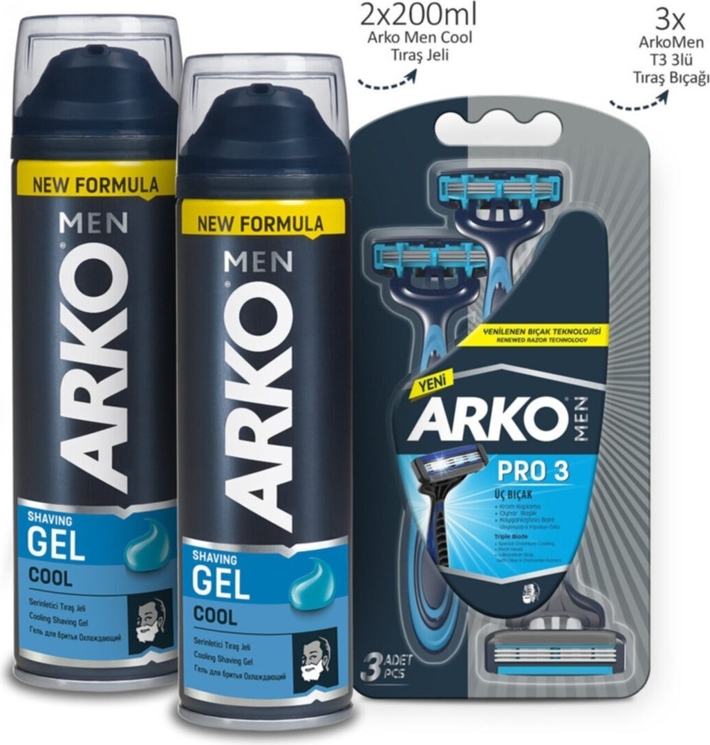 Arko Men Cool Tıraş Jeli 2 X 200 Ml Ve Arko Men T3 Tıraş Bıçağı 3'lü Özel Set