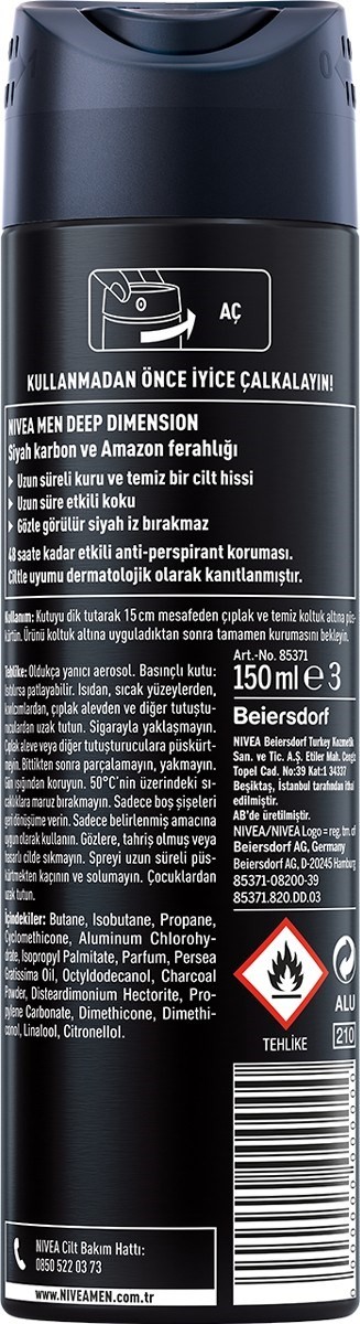 Nivea Men Erkek Sprey Deodorant Deep Dimension Amazonia 48 Saat Anti-perspirant Koruma 150ml, Çekici