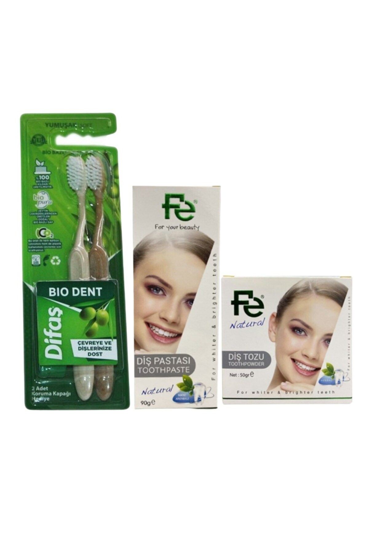 Difaş Bio Dent Bio Bazlı 2'li Diş + Fe Natural (NANE) Diş Pastası 90 G Natural (NANE) diş Tozu 50