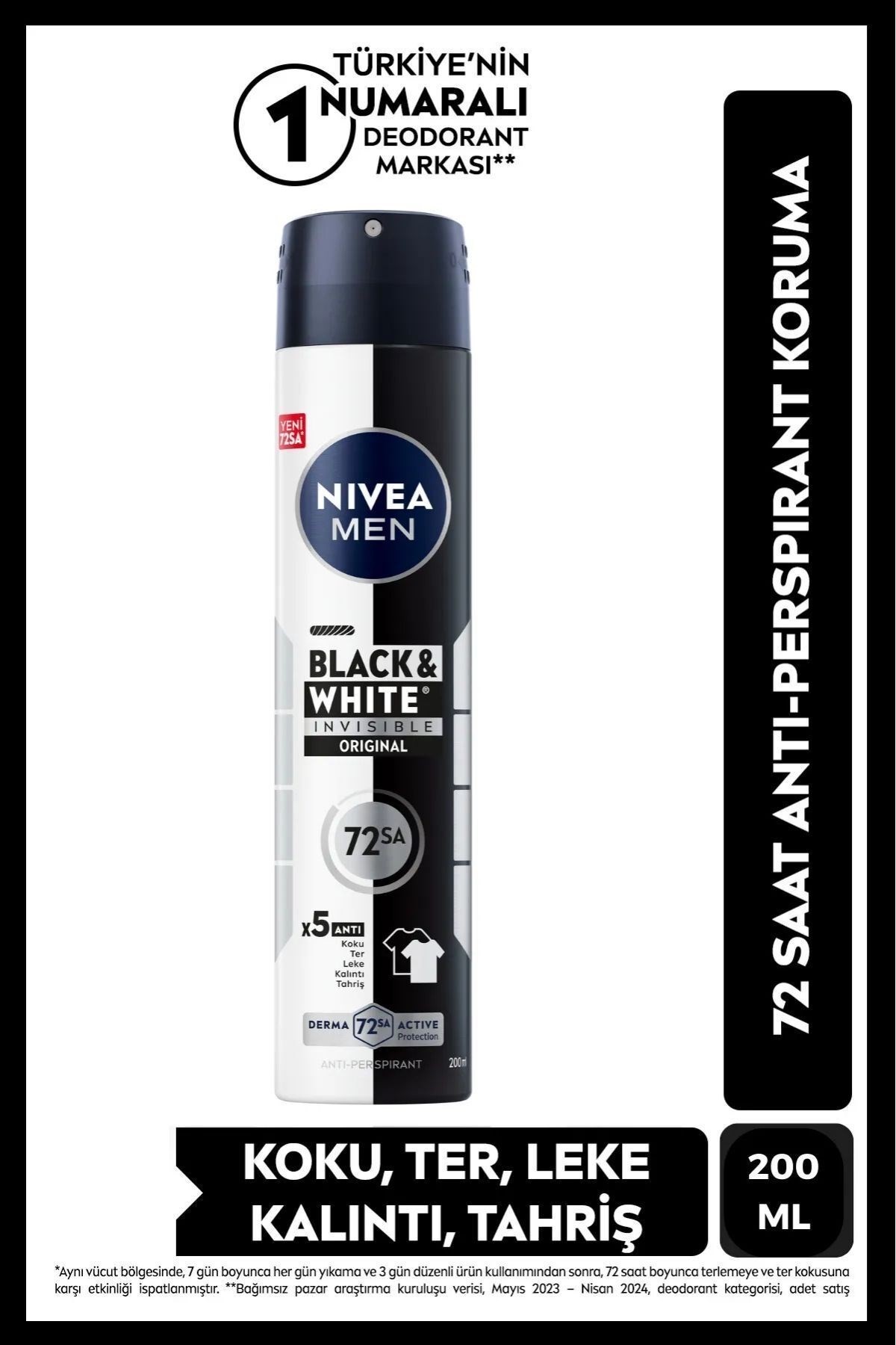 Nivea Men Erkek Sprey Deodorant Black&white Invisible Original 200ml, 72 Saat Anti-perspirant Ter Ko
