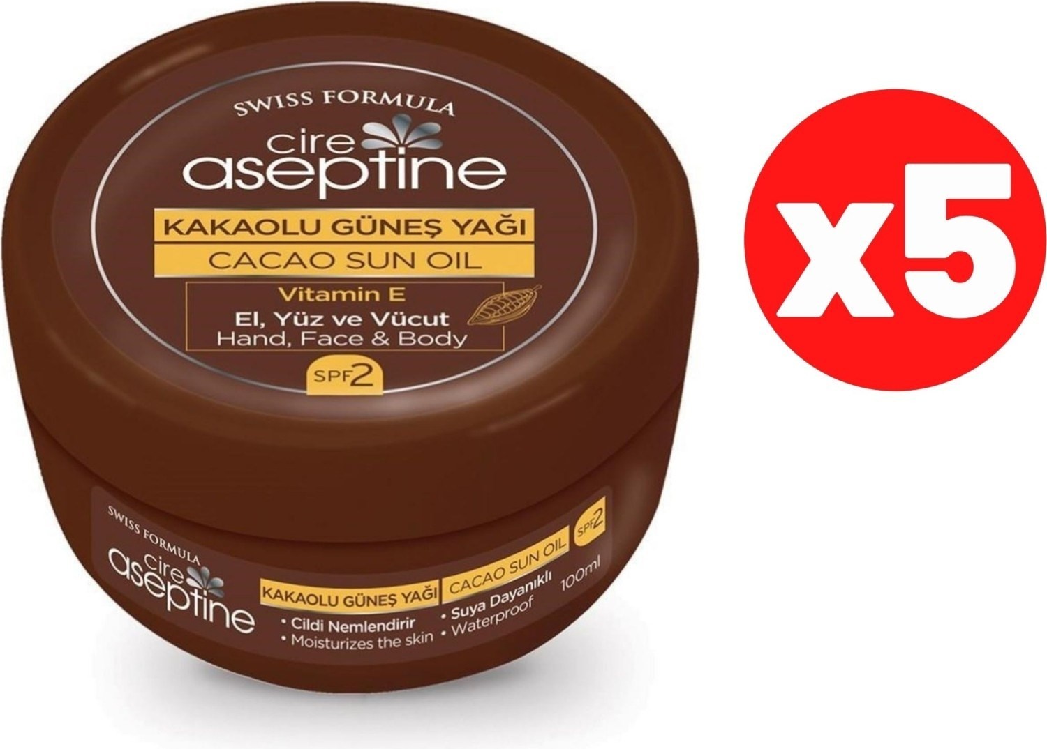 Cire Aseptine Kakaolu Güneş Yağı 100 ml . .spf 2 E Vitaminli.5 Li PAKET.5X100 Ml..aile Boyu Koruma..
