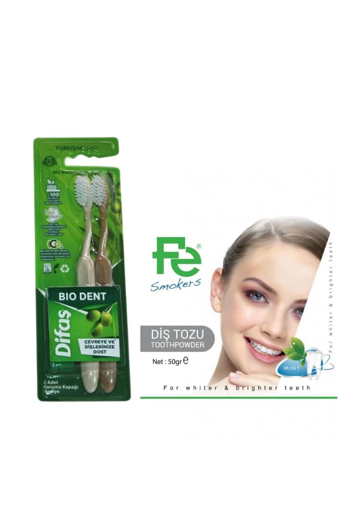 Fe Diş Tozu Naneli / Smokers 50 Gr.+ Difaş Bio Dent Bio Bazlı 2'li Diş Fırçası Yumuşak