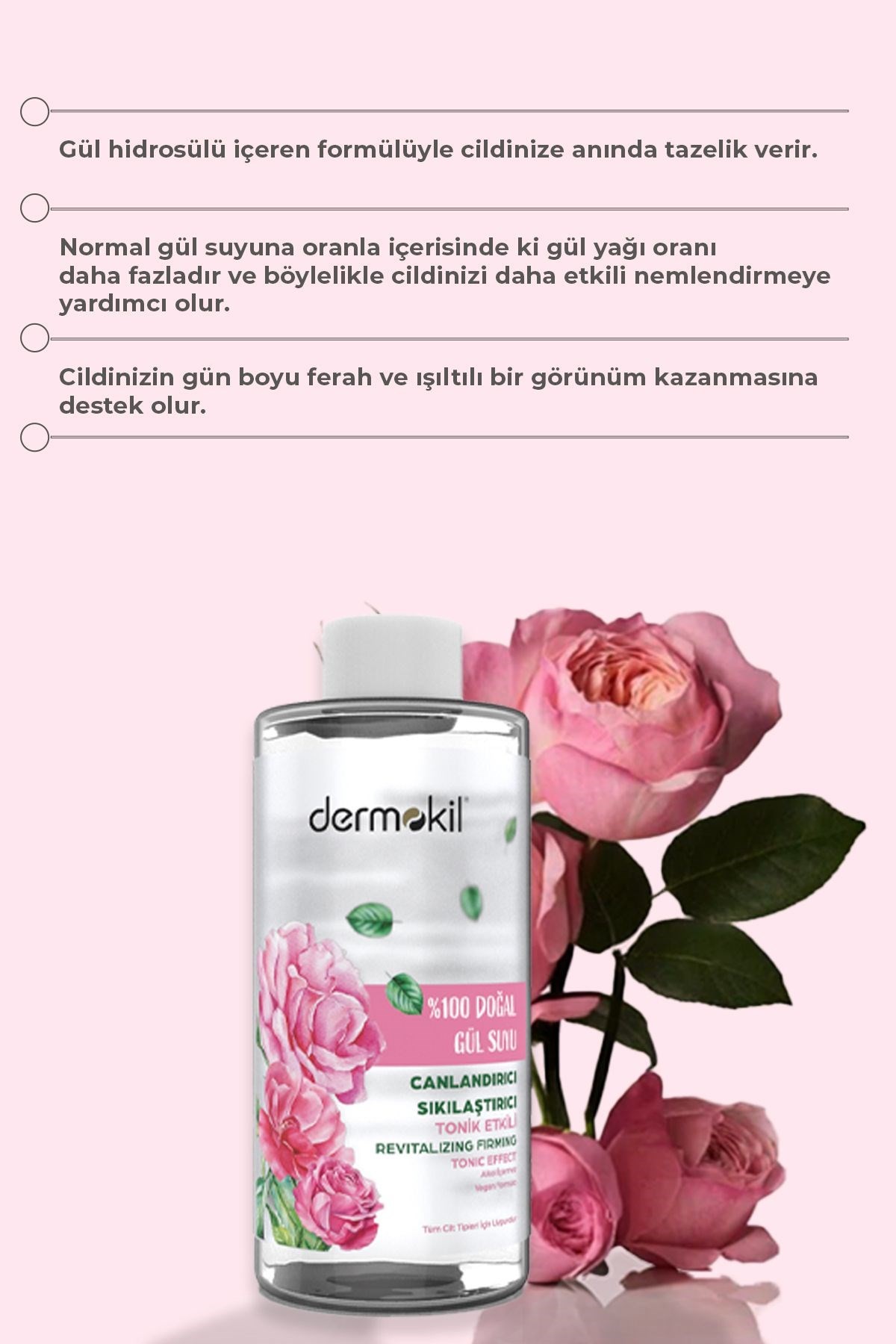 Dermokil %100 Doğal Gül Suyu Canlandırıcı Sıkılaştırıcı Tonik