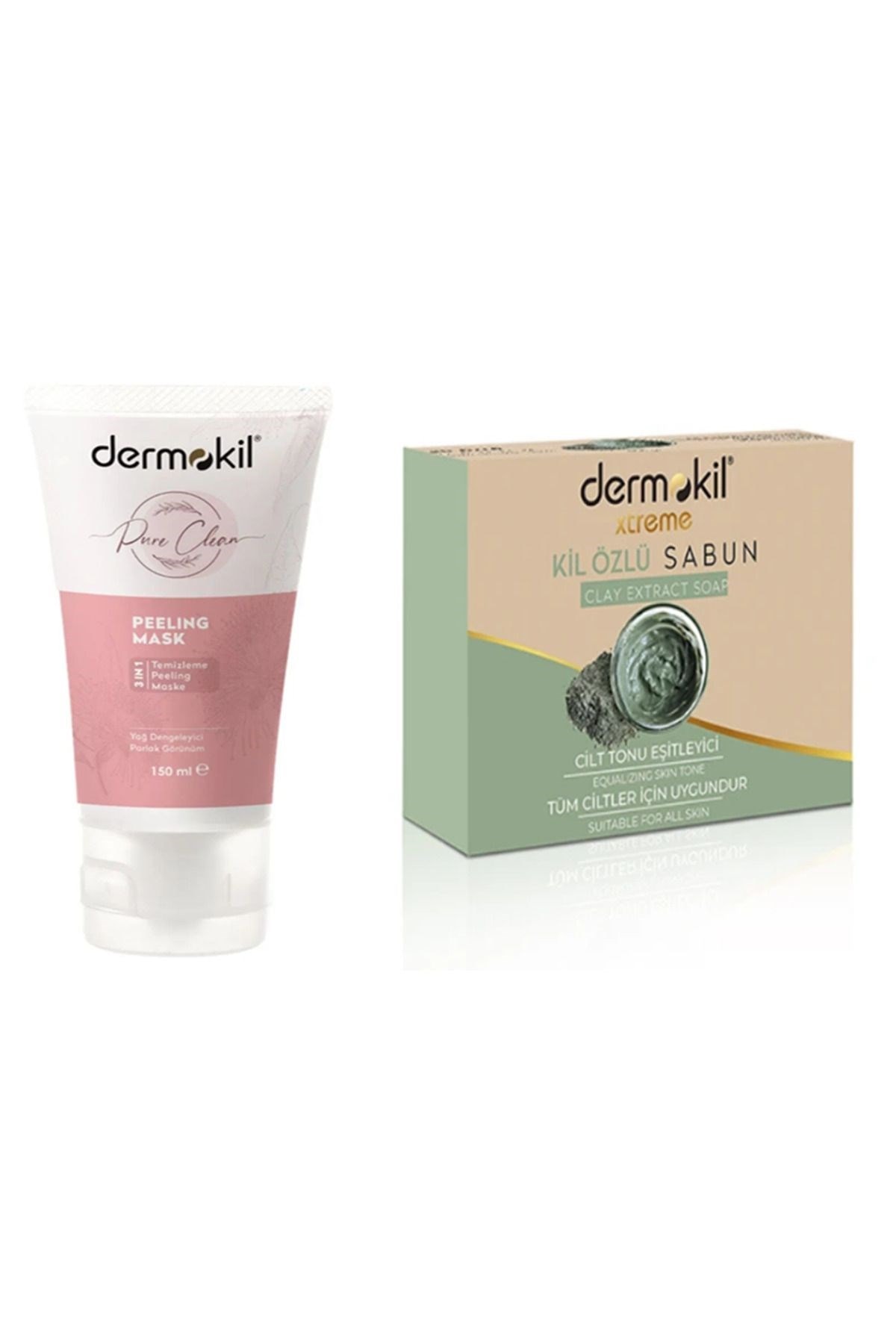  Dermokil 2 'li Set Pure Peeling Maske 3in1 150 Ml ve Kil Özlü Doğal Katı Sabun 100 gr