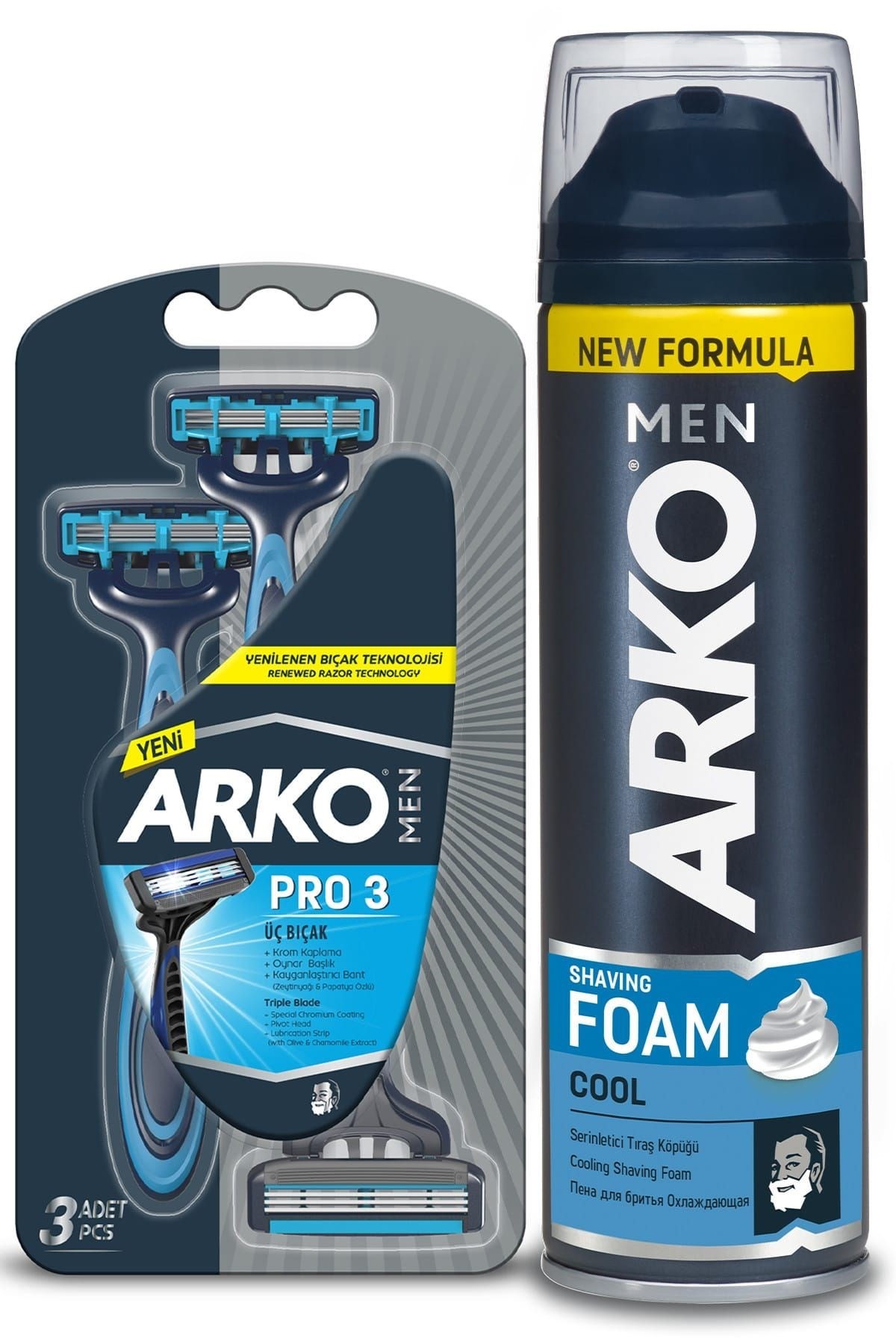 Arko T3 Pro 3 Bıçaklı Tıraş Bıçağı 3'Lü & Cool Tıraş Köpüğü 200 ml Avantaj Paketi