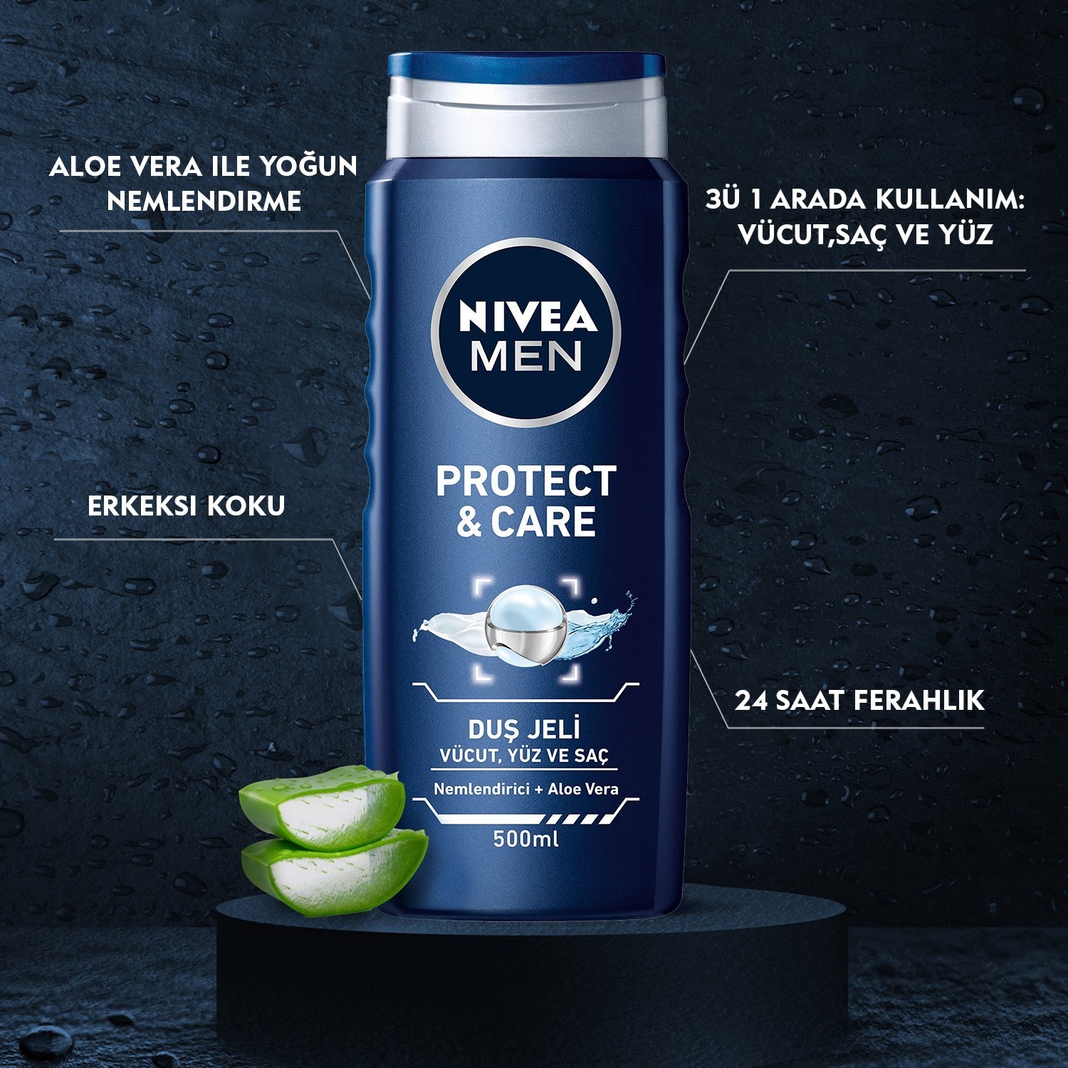 NIVEA Men Protect&Care Duş Jeli 500ml, 3'ü 1 Arada Komple Bakım, Vücut, Saç ve Yüz için,Aloe Vera il