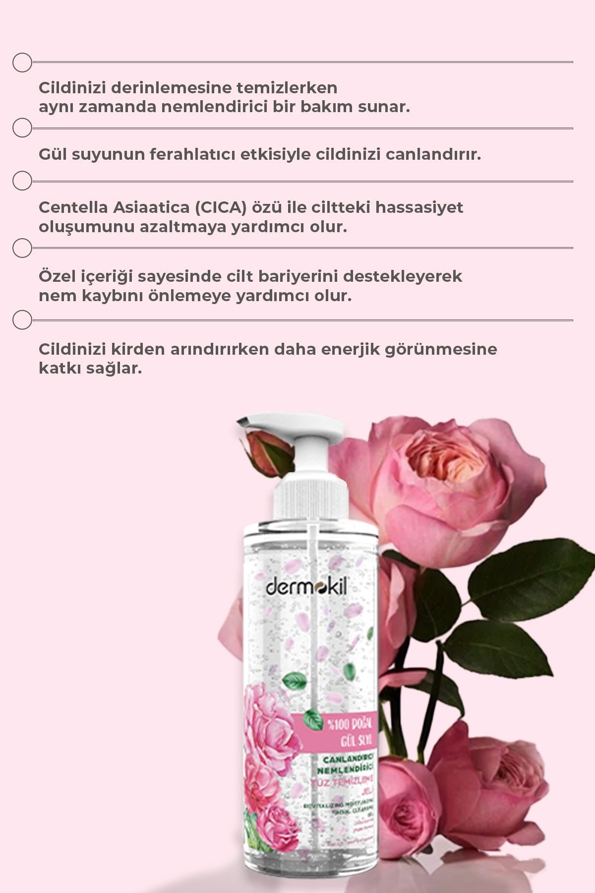 Dermokil %100 Doğal Gül Suyu Canlandırıcı Nemlendirici Yüz Temizleme Jeli