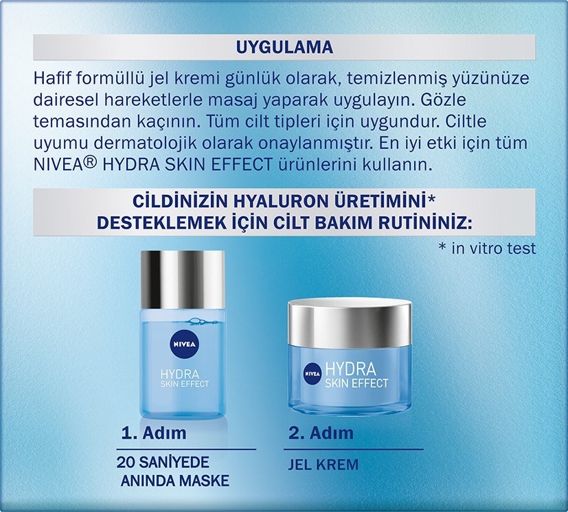 Nivea Hydra Skin Effect Nemlendirici Jel Krem 50ml, Saf Hyaluron, 72 Saat Yüz Nemlendirme, Dolgun Ci
