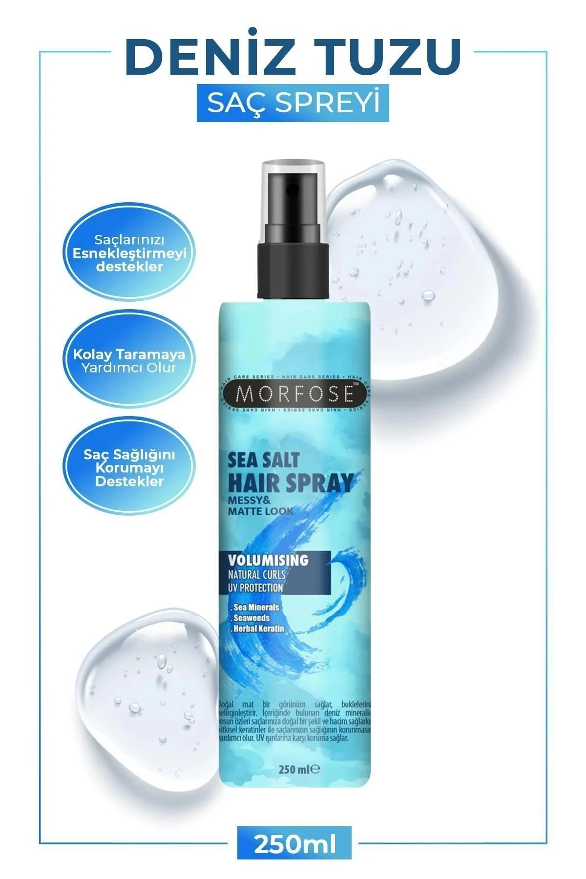 Morfose Deniz Tuzu Saç Spreyi 250 ml - Mat Görünüm, Doğal Dalgalar ve Isıya Karşı Koruma