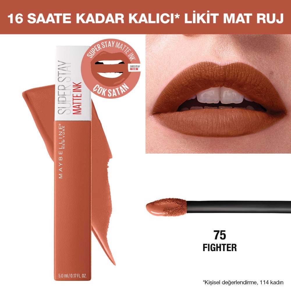 Maybelline New York Super Stay Matte Ink Likit Mat Ruj, 75 Fighter, Kahverengi, 5 ml