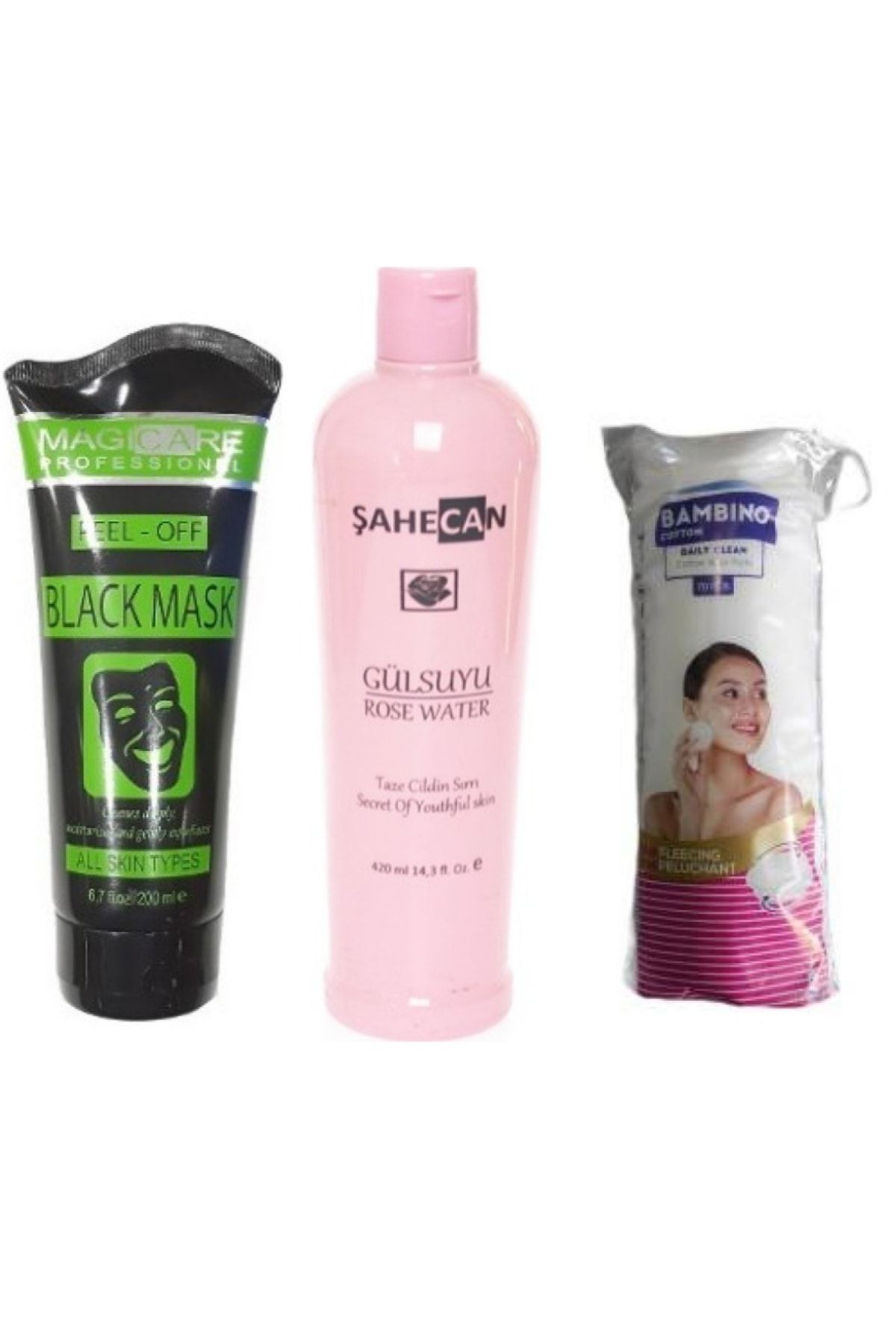 Soyulabilir Siyah Maske 200 Ml+şahecan Gül Suyu 420 Ml+bambino Disk Makyaj Pamuğu 70 Li