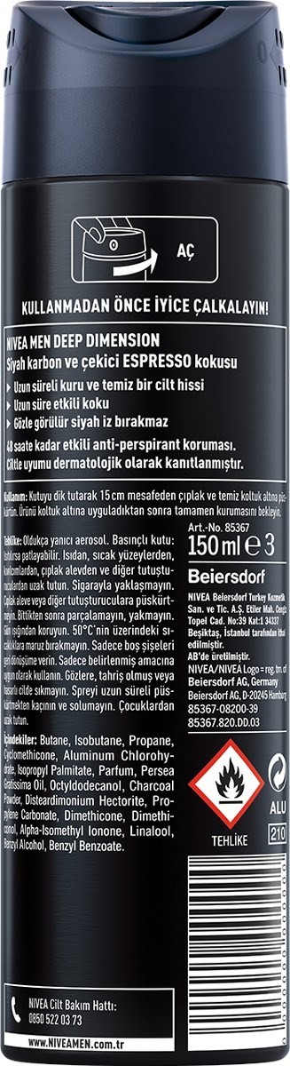 Nivea Men Erkek Sprey Deodorant Deep Dimension Espresso 48 Saat Anti-perspirant Koruma 150ml, Çekici