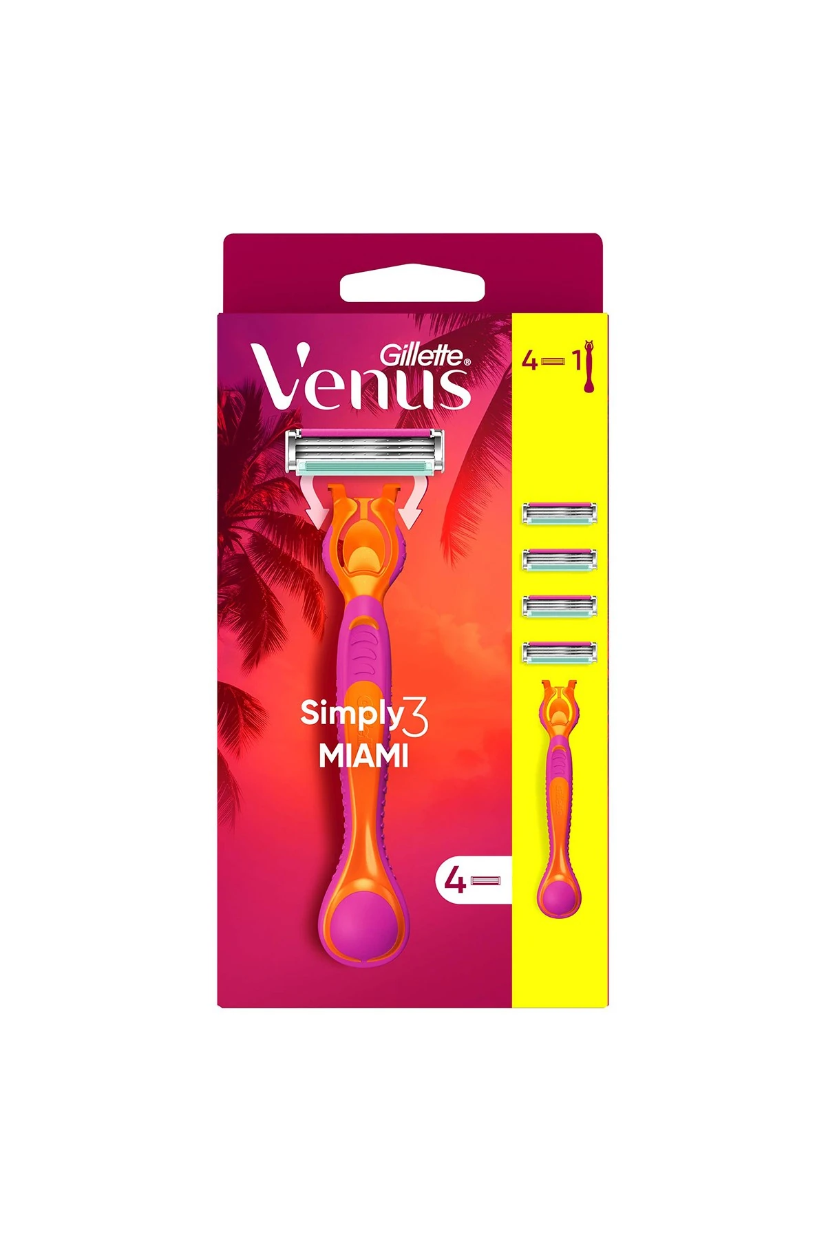 Gillette Venus Simply Venus 3 Miami Tıraş Makinesi Gövdesi + 4 Bıçak