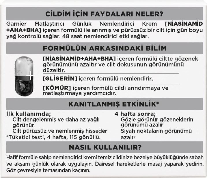 Garnier Aha Bha Kömür 3'Ü 1 Arada Matlaştırıcı Günlük Nemlendirici Krem 50ml