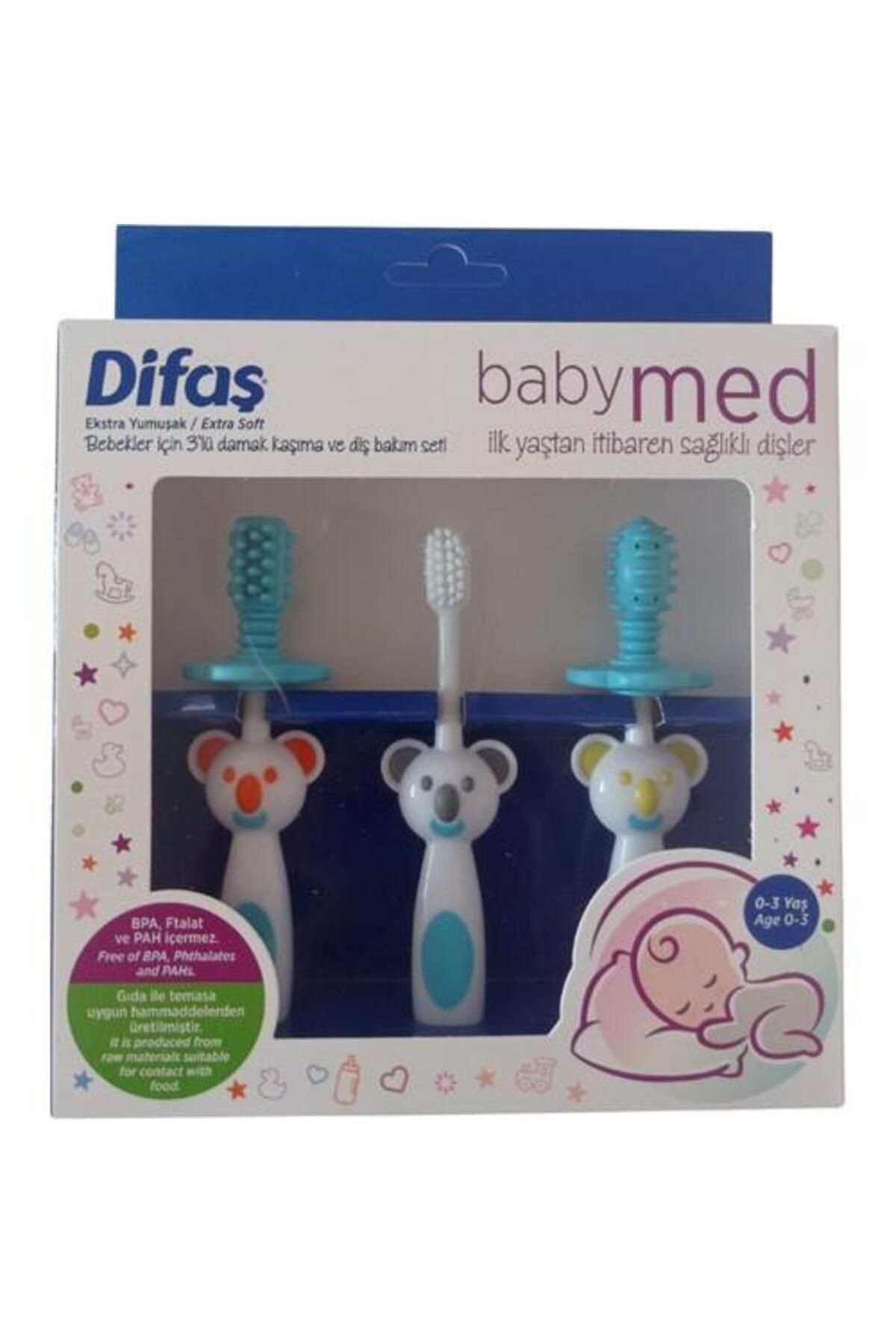 DİFAŞ BABYMED Bebekler Için 3'lü Diş Bakım Seti Diş Ve Damak Kaşıyıcı Bebekler Için Diş Fırçası Mavi