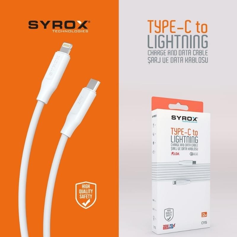 Syrox C115 Type-C To Lightning Hızlı Şarj ve Data Kablosu 2MT 3.0A 20W