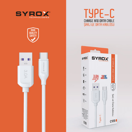 Syrox C109 3A Hızlı Data ve Şarj Kablosu TYPE-C