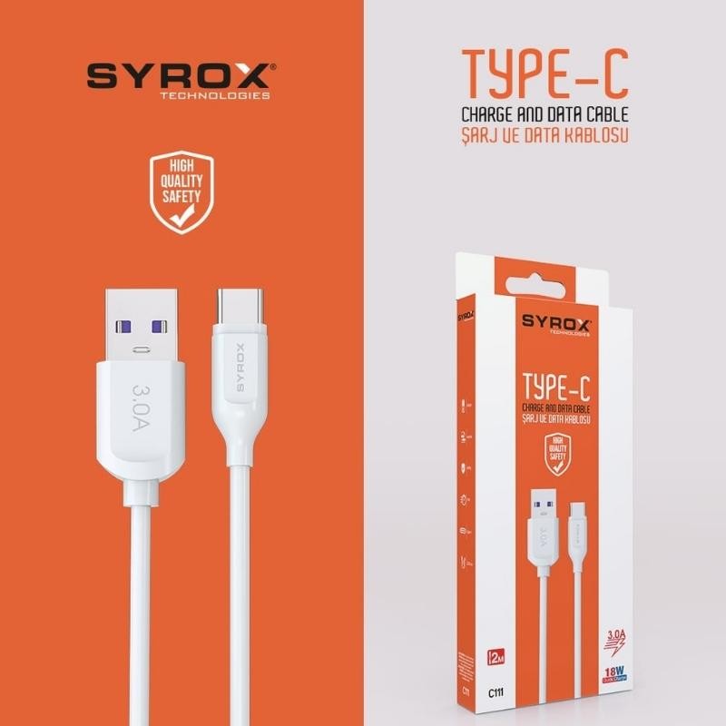 Syrox C111 Type-C Hızlı Şarj ve Data Kablosu 2MT 3.0A 18W