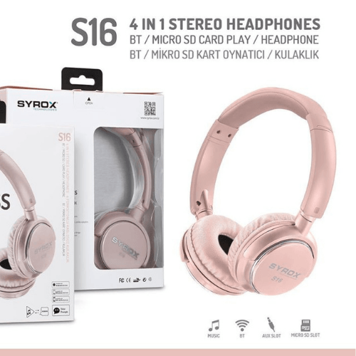 Syrox S16 Kulaküstü Kablosuz Bluetooth Kulaklık Hafıza Kartı Girişli - Açık Pembe