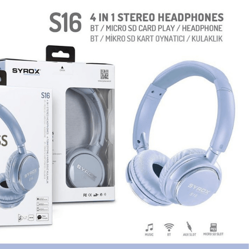 Syrox S16 Kulaküstü Kablosuz Bluetooth Kulaklık Hafıza Kartı Girişli - Açık Turkuaz
