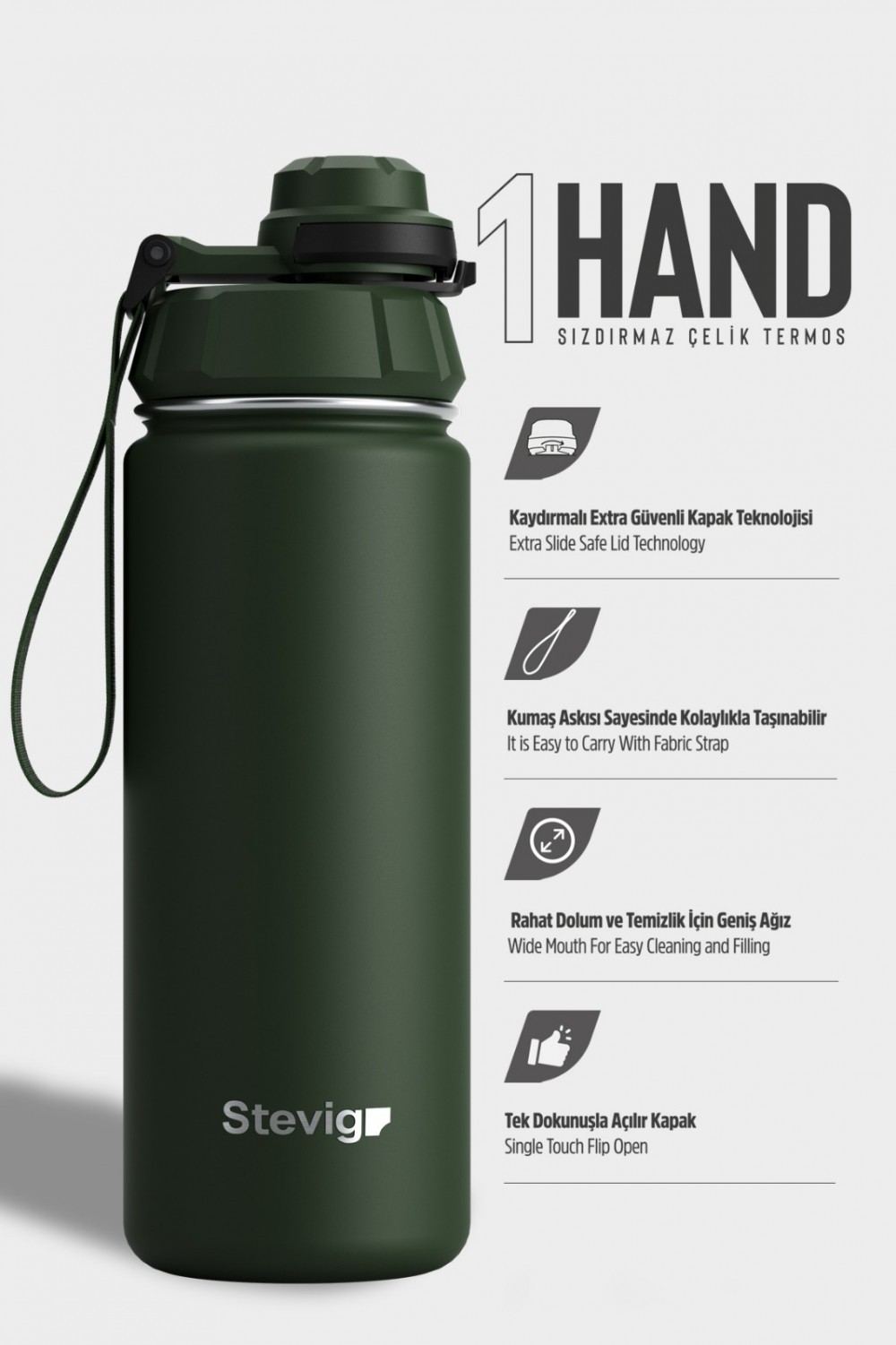 Stevig Çelik Termos Sızdırmaz 500 ml.Green 1 Hand leak Kod: st-208