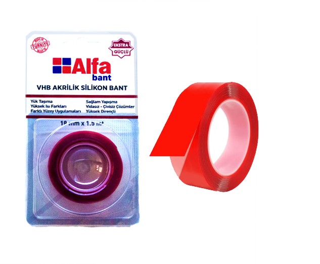 Alfa Çift Taraflı Bant Akrilik Silikon 18 mm x 2 mt.Kod: AB502
