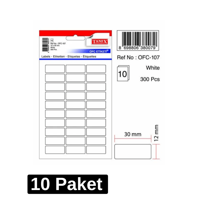 Tanex Beyaz Etiket 12x30 mm 300'lü 10'lu Paket Kod: OFC-107