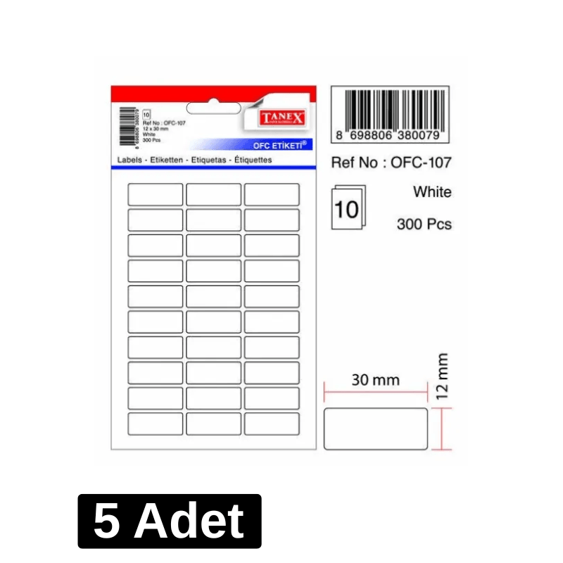Tanex Beyaz Etiket 12x30 mm 300'lü 5'li Paket Kod: OFC-107