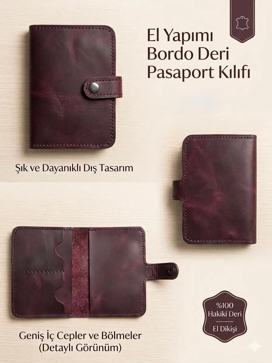 El Yapımı Bordo Deri Pasaport Kılıfı – Snap Kapaklı, Çoklu Bölmeli