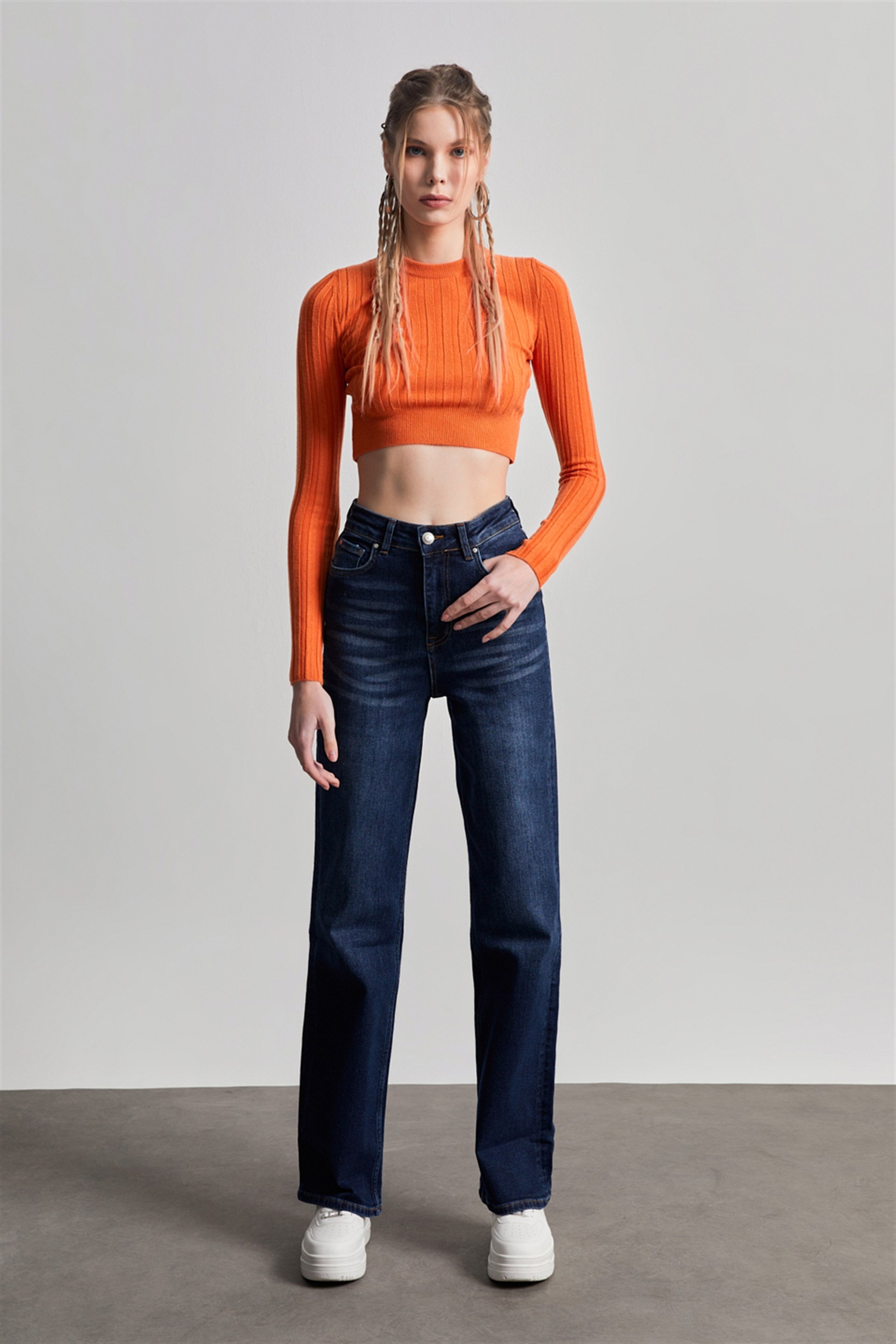 Kadın Lacivert Yüksek Bel Wide Leg Signature Jean