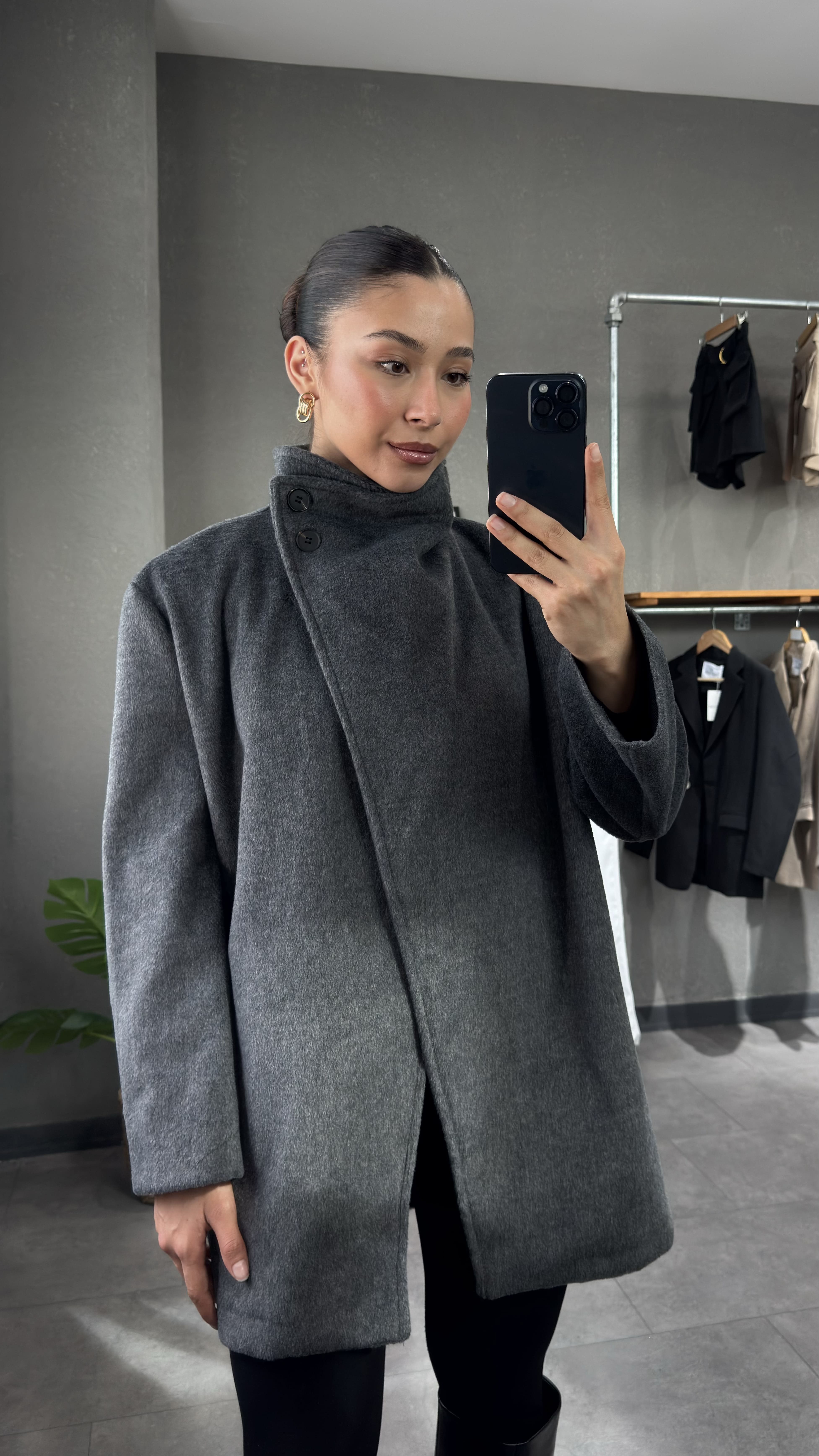 Dik Yaka Kuşaklı Kaşe Kaban - Gri