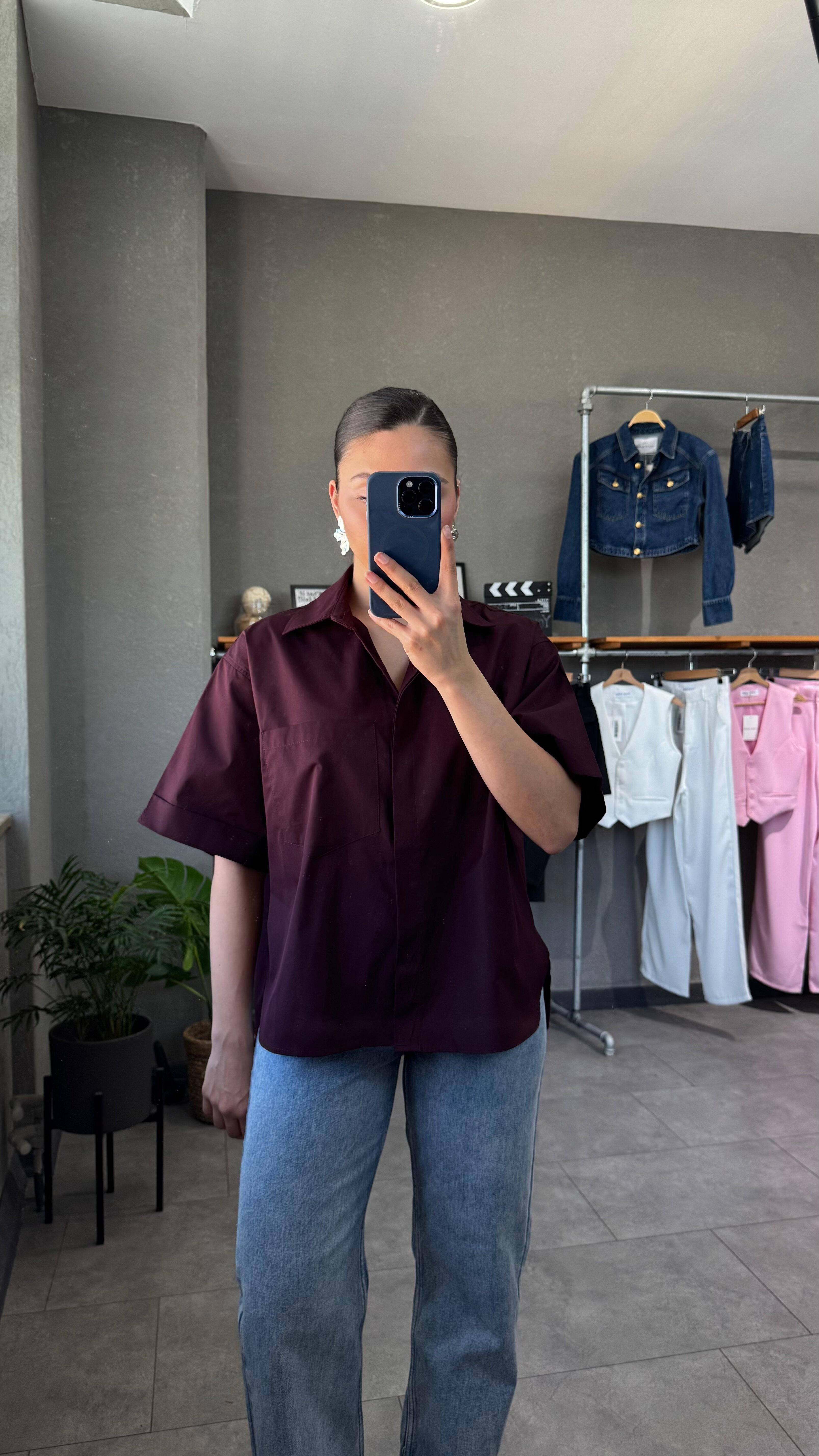 Oversize Cep Detaylı Poplin Kısa Kol Kadın Gömlek - Bordo