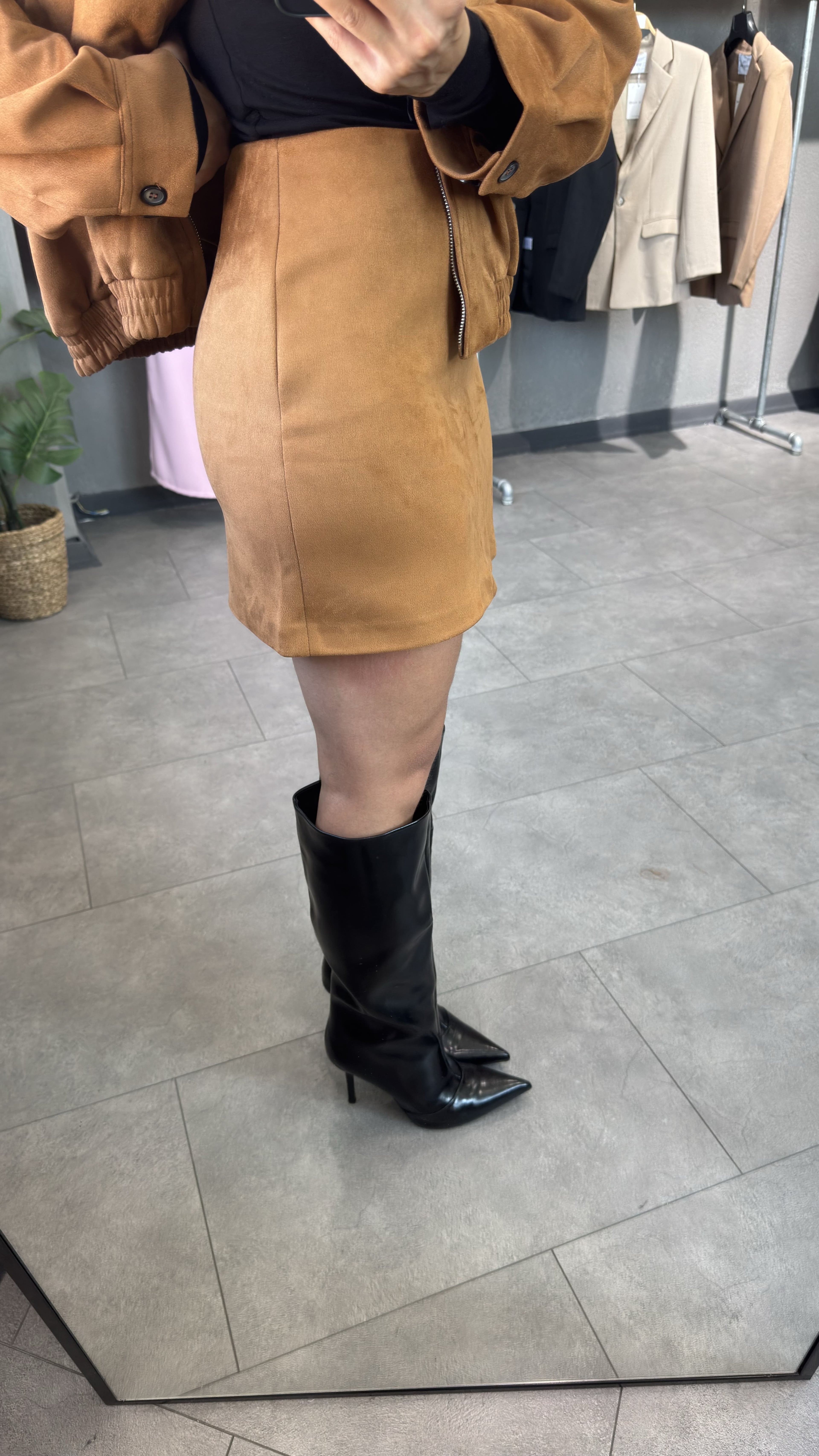 Süet Taba Bomber Ceket & Mini Etek Kombin