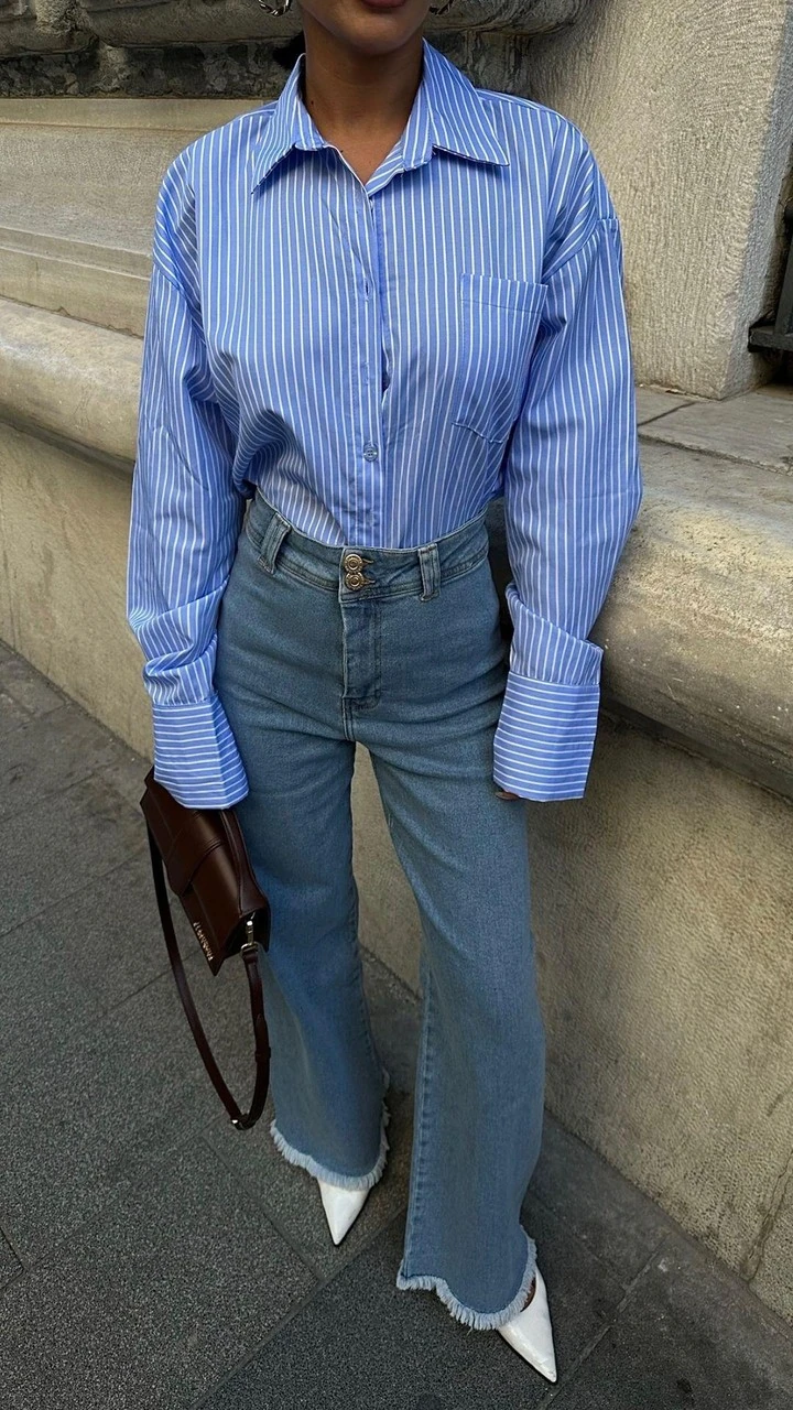 Yüksek Bel Pis Paça Mavi Kadın Wide Leg Jean