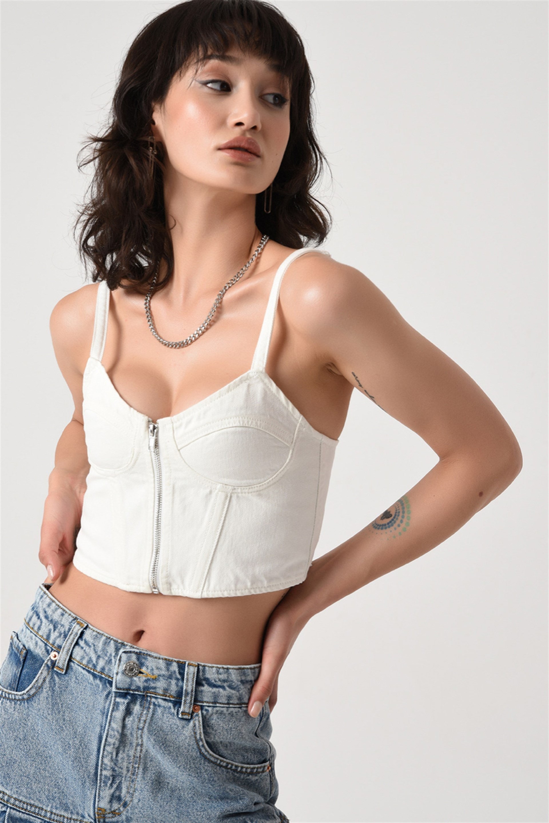 Fermuar Detaylı Denim Büstiyer Beyaz