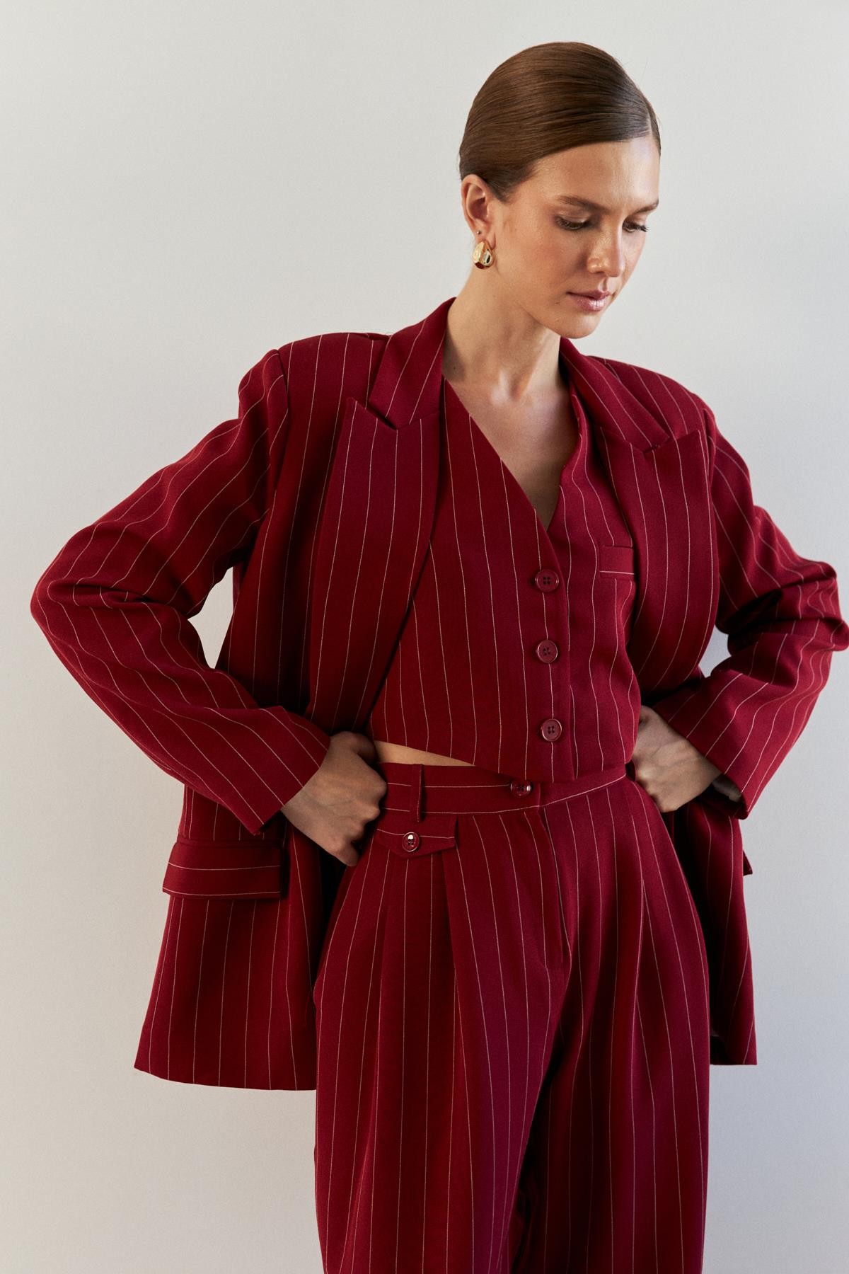 Oversize Çizgili Bordo Kadın Blazer Ceket