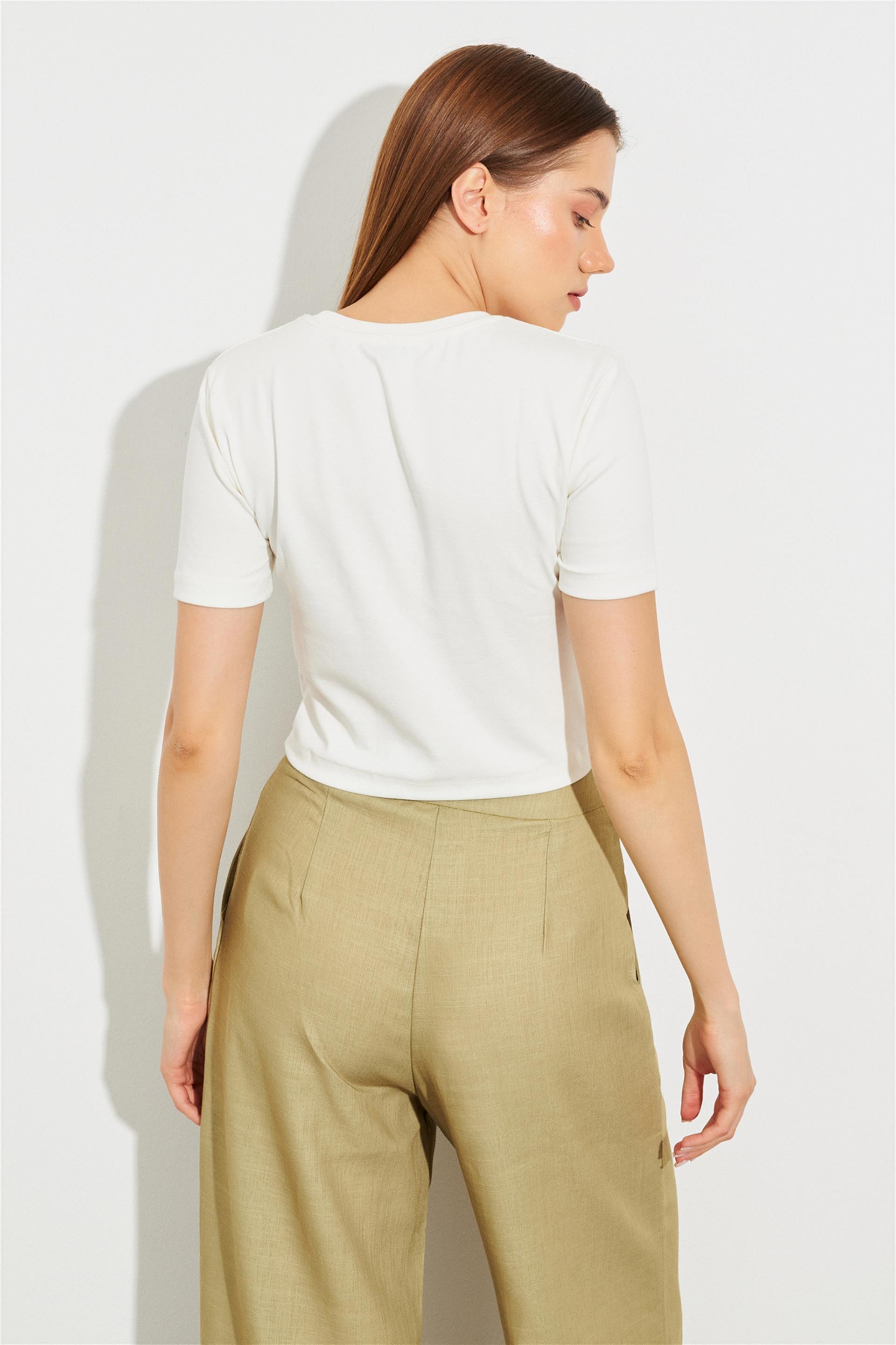 Bisiklet Yaka Crop Tshirt Ekru