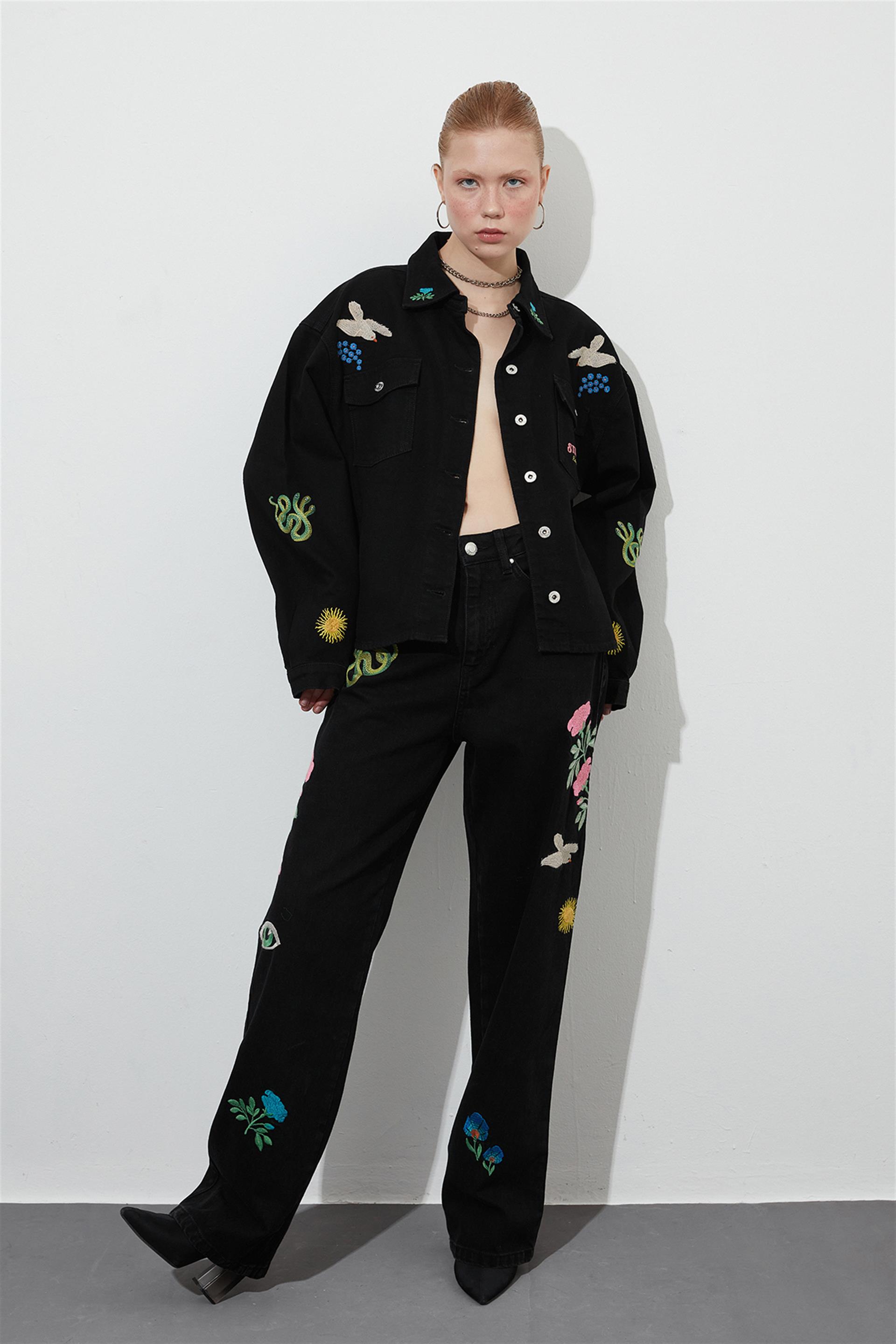 LIMITED EDITION Siyah Nakış Detaylı Wide Leg Rosa Jean