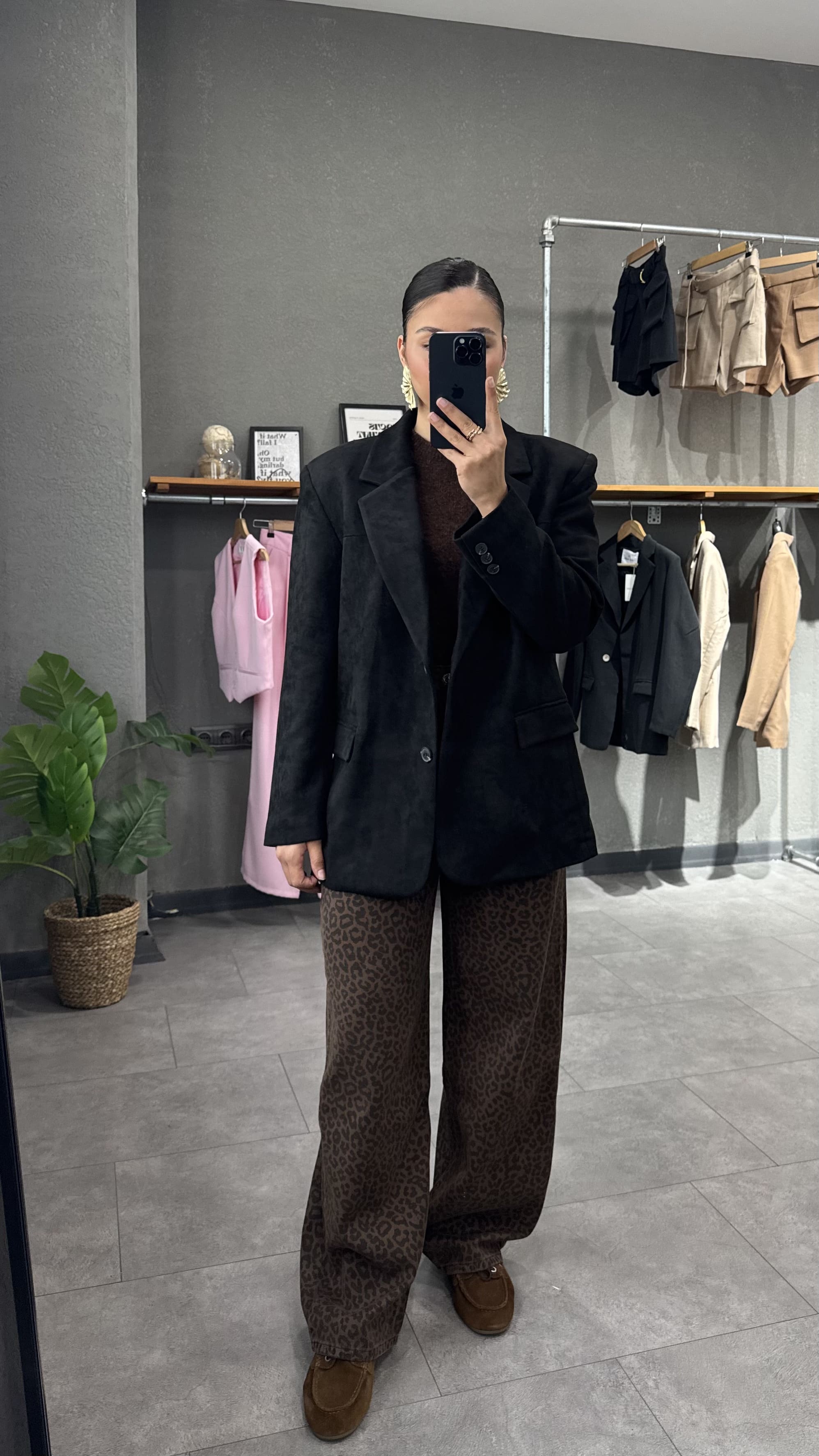 Vatkalı Oversize Süet Siyah Kadın Blazer Ceket