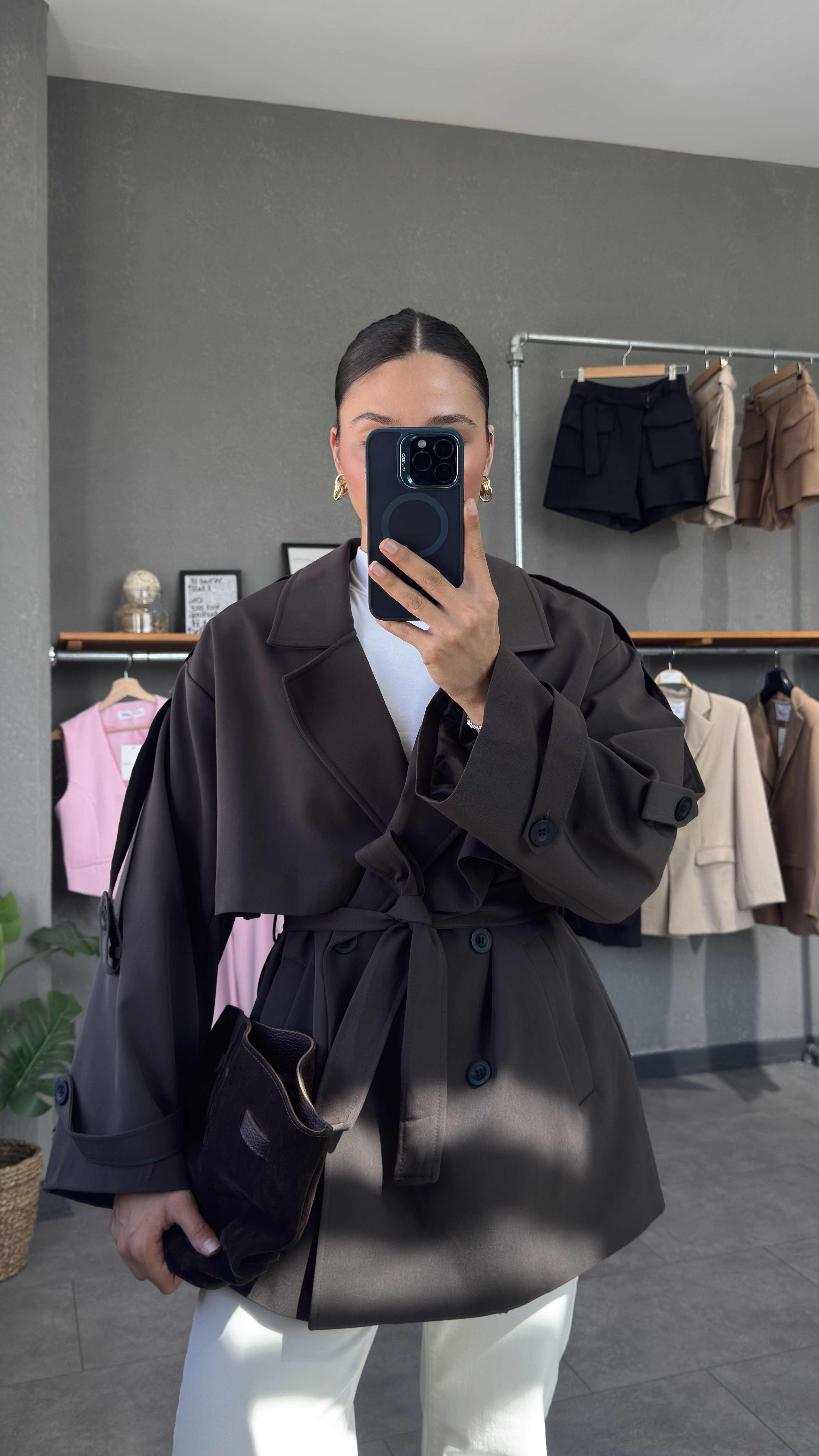 Oversize Kuşaklı Kısa Trençkot