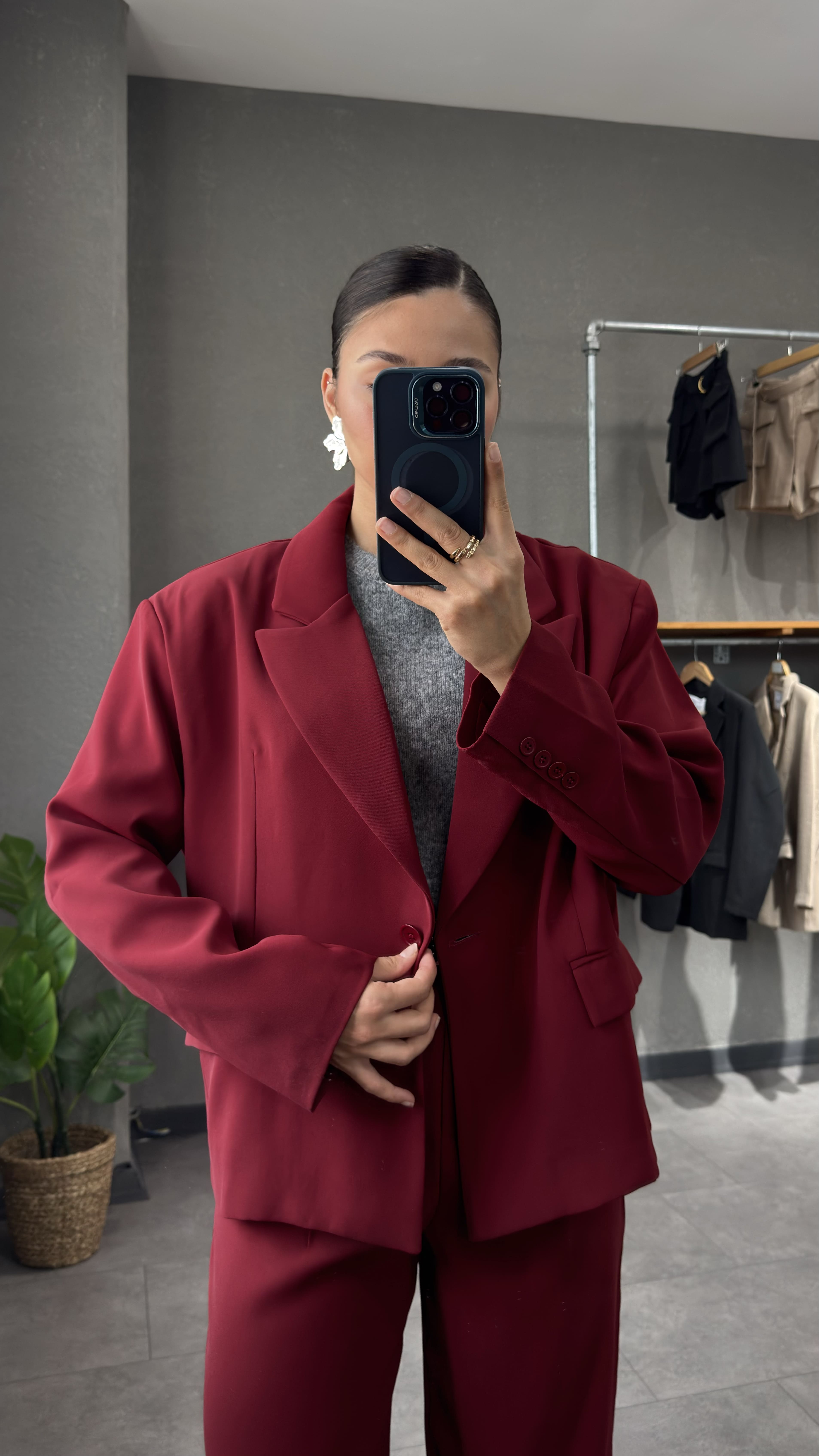 Oversize Vatkalı Bordo Kadın Blazer Ceket